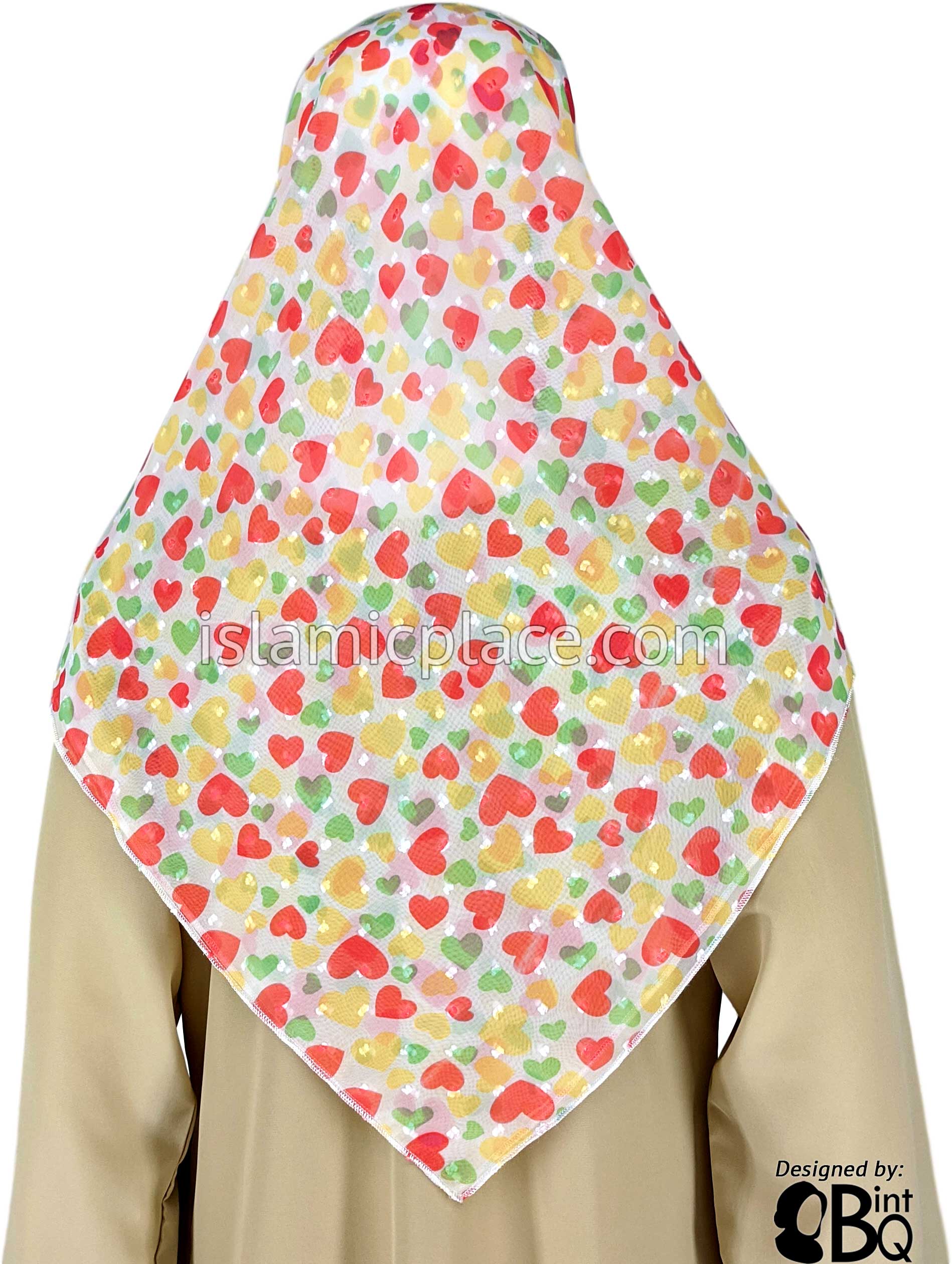 Coral, Green, And Yellow Hearts On White - 45" Square Printed Khimar