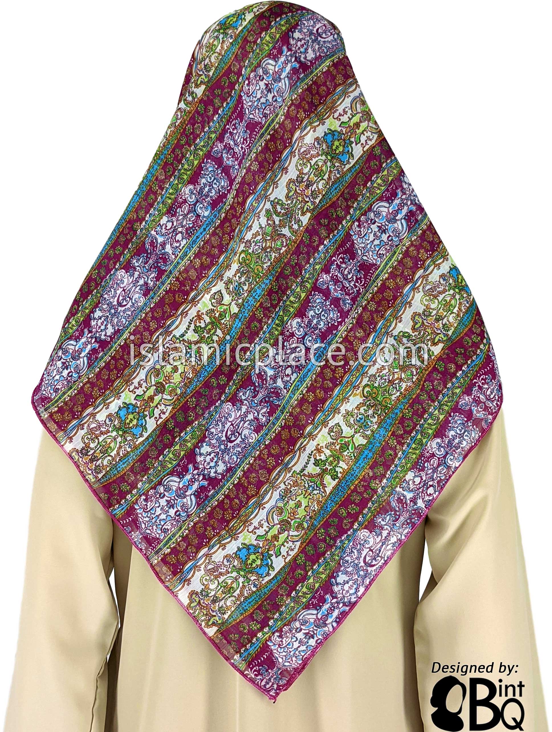 Plum, Green, Blue, Mustard And White Victorian Design - 45" Square Printed Khimar