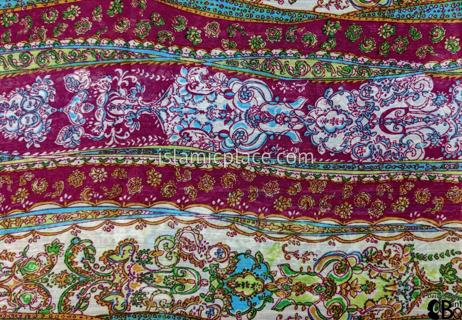 Plum, Green, Blue, Mustard And White Victorian Design - 45" Square Printed Khimar