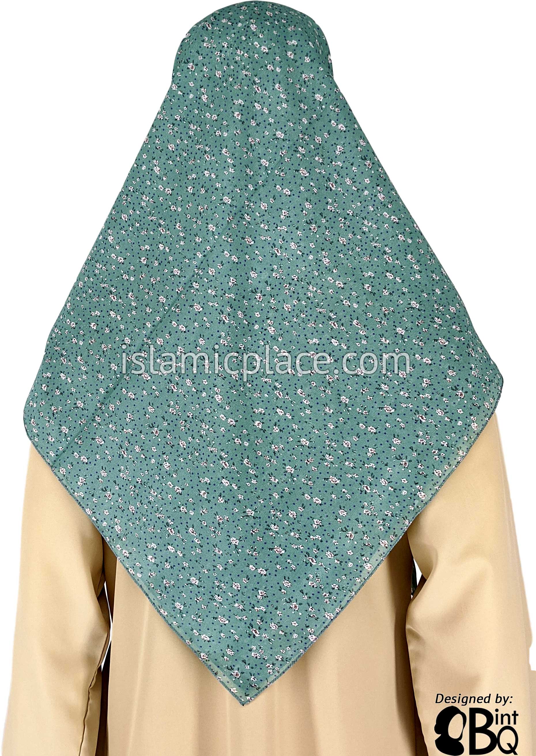 White And Brown Flower Bunches On Light Green With Purple Dots - 45" Square Printed Khimar