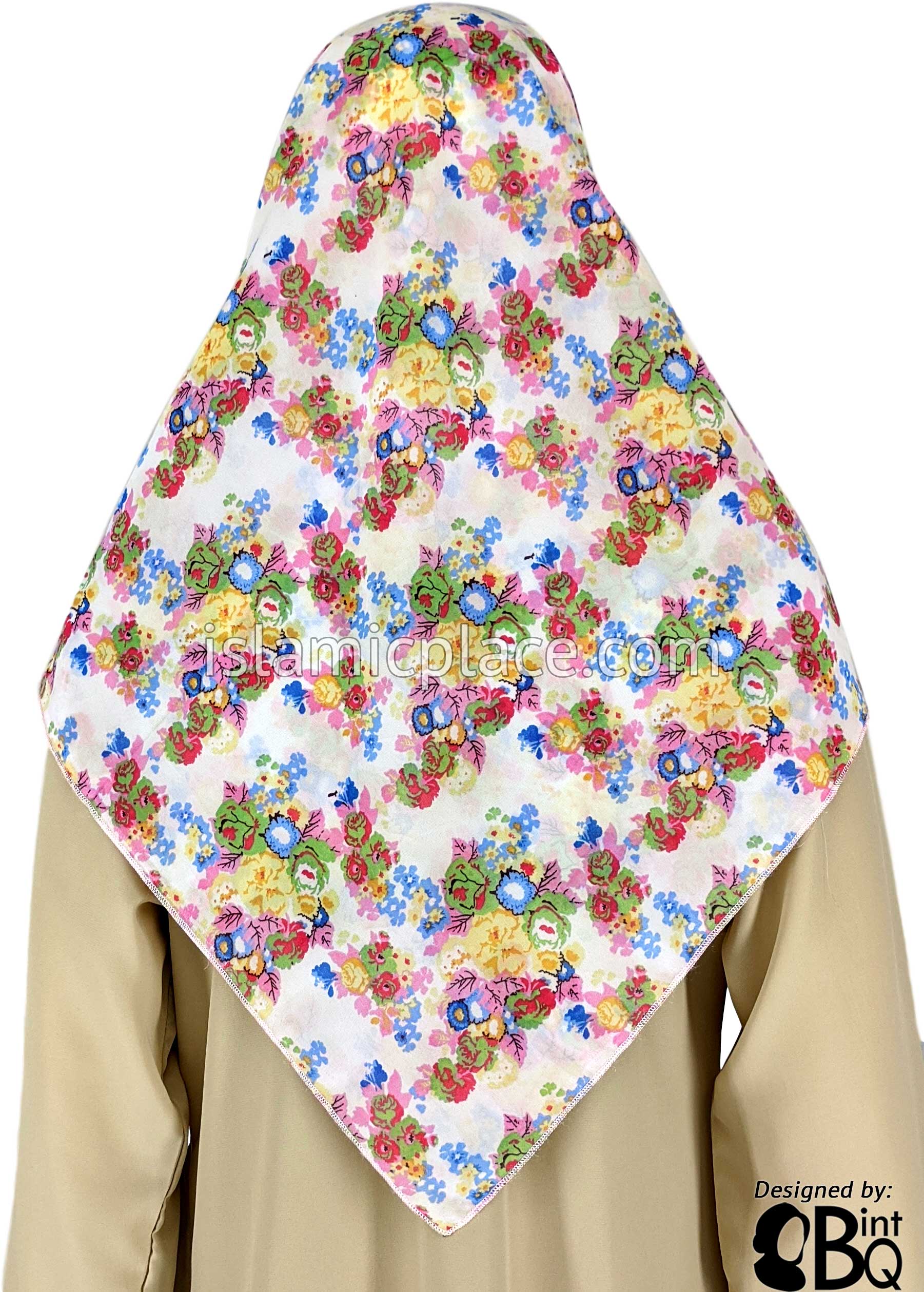 Yellow, Green, Pink, Green And Coral Flower Bunches On White - 45" Square Printed Khimar