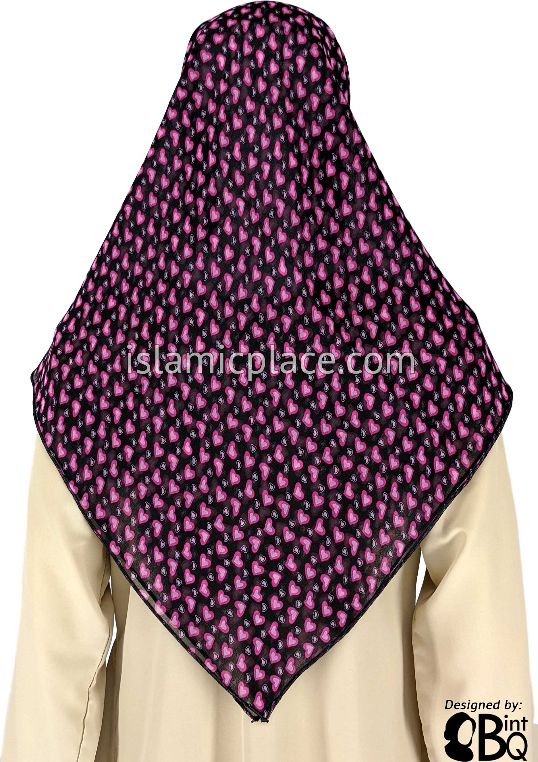Bubblegum And Pink Heart In Heart Design On Black - 45" Square Printed Khimar