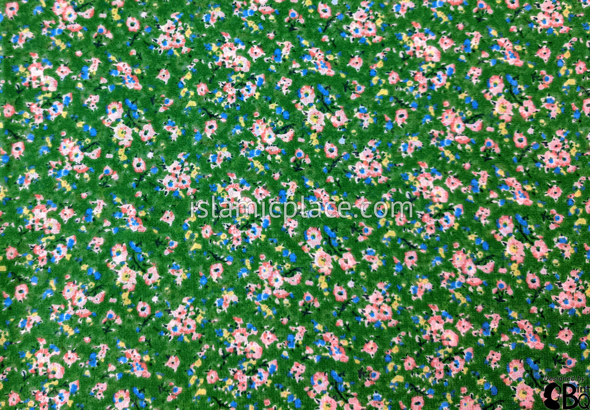 Pink White And Blue Flower Bunches On Green - 45" Square Printed Khimar