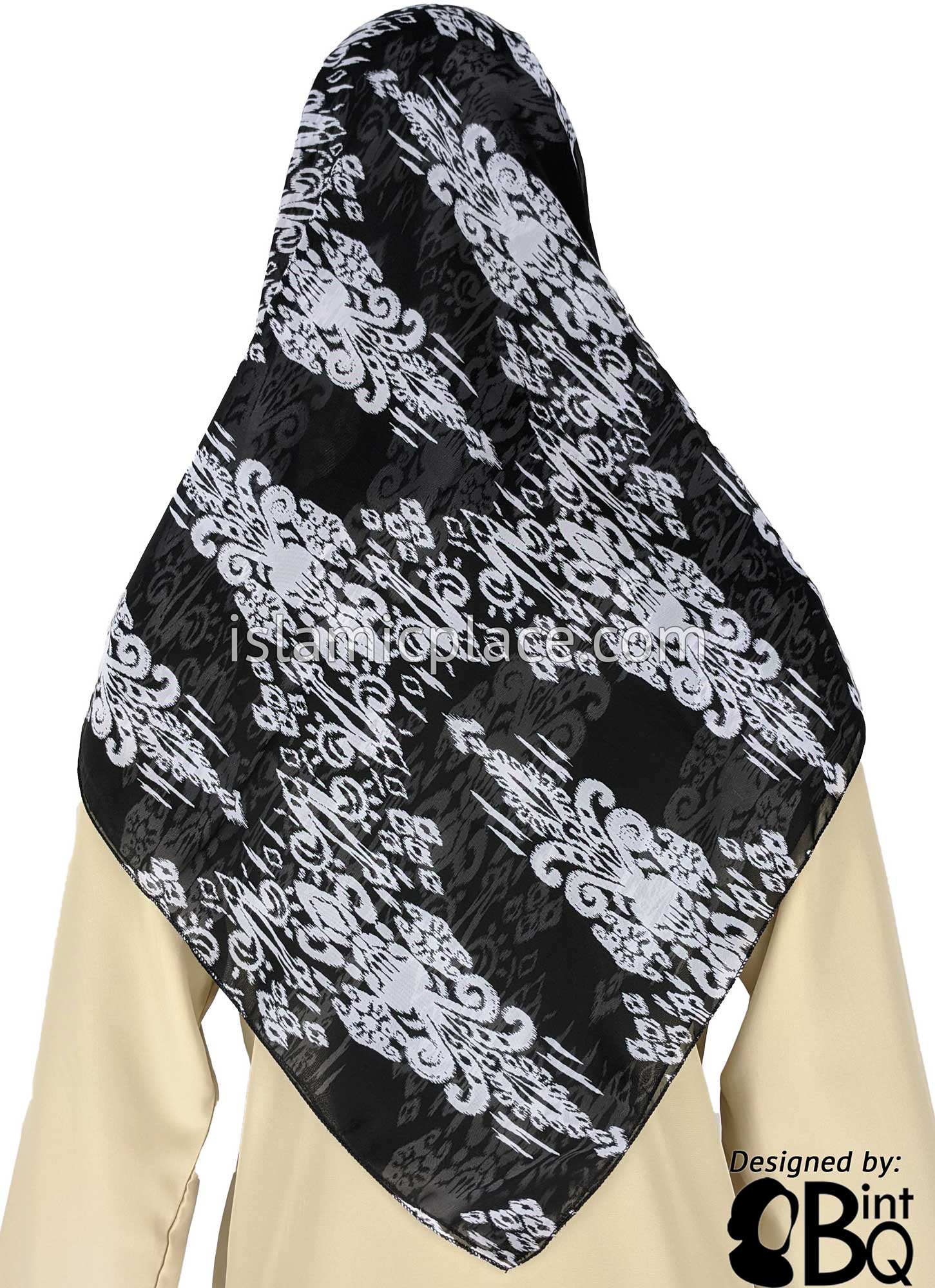 Black with Light Gray Victorian Design  - 45" Square Printed Khimar