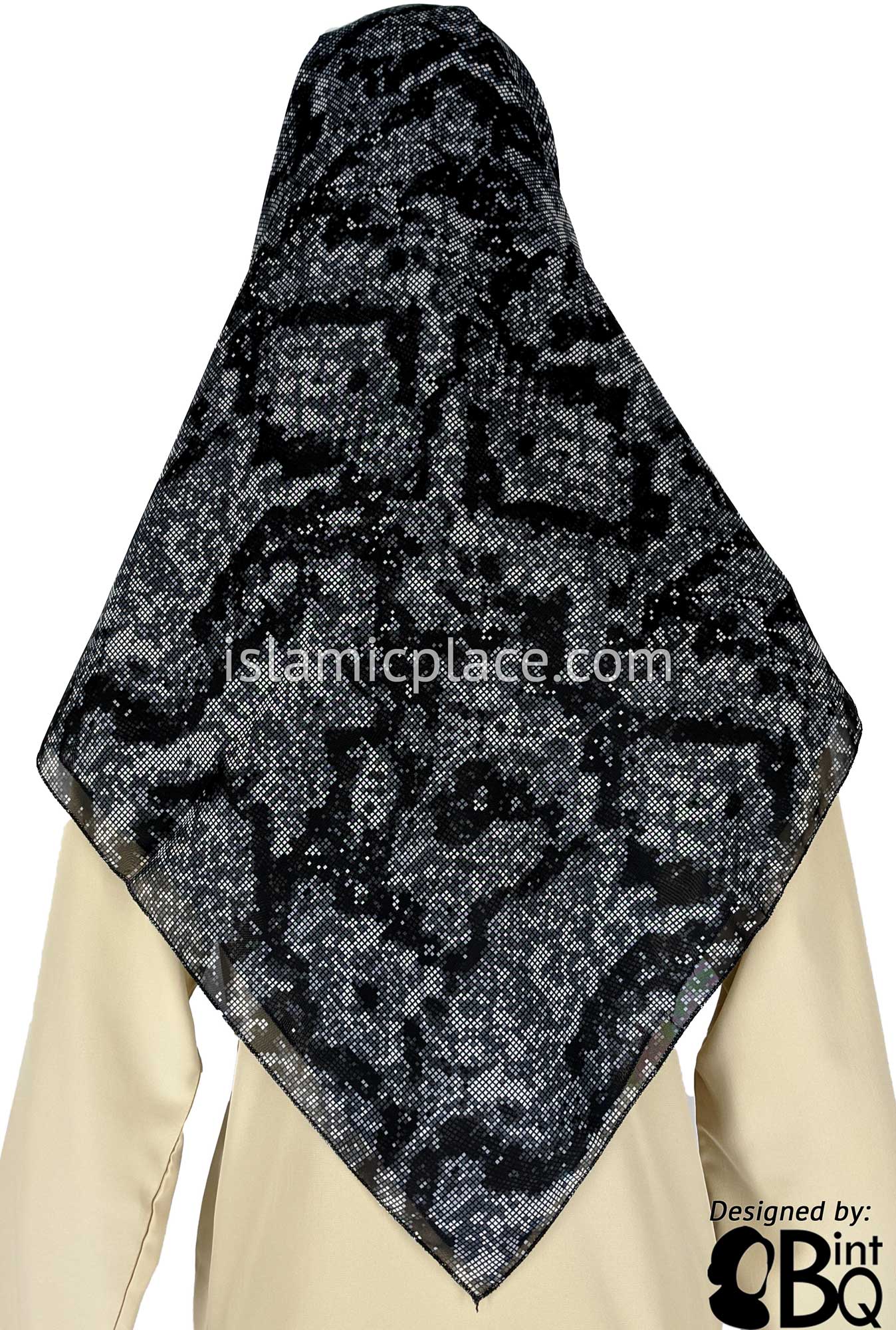 Black with Shades of Gray Digital Pixel Art - 45" Square Printed Khimar