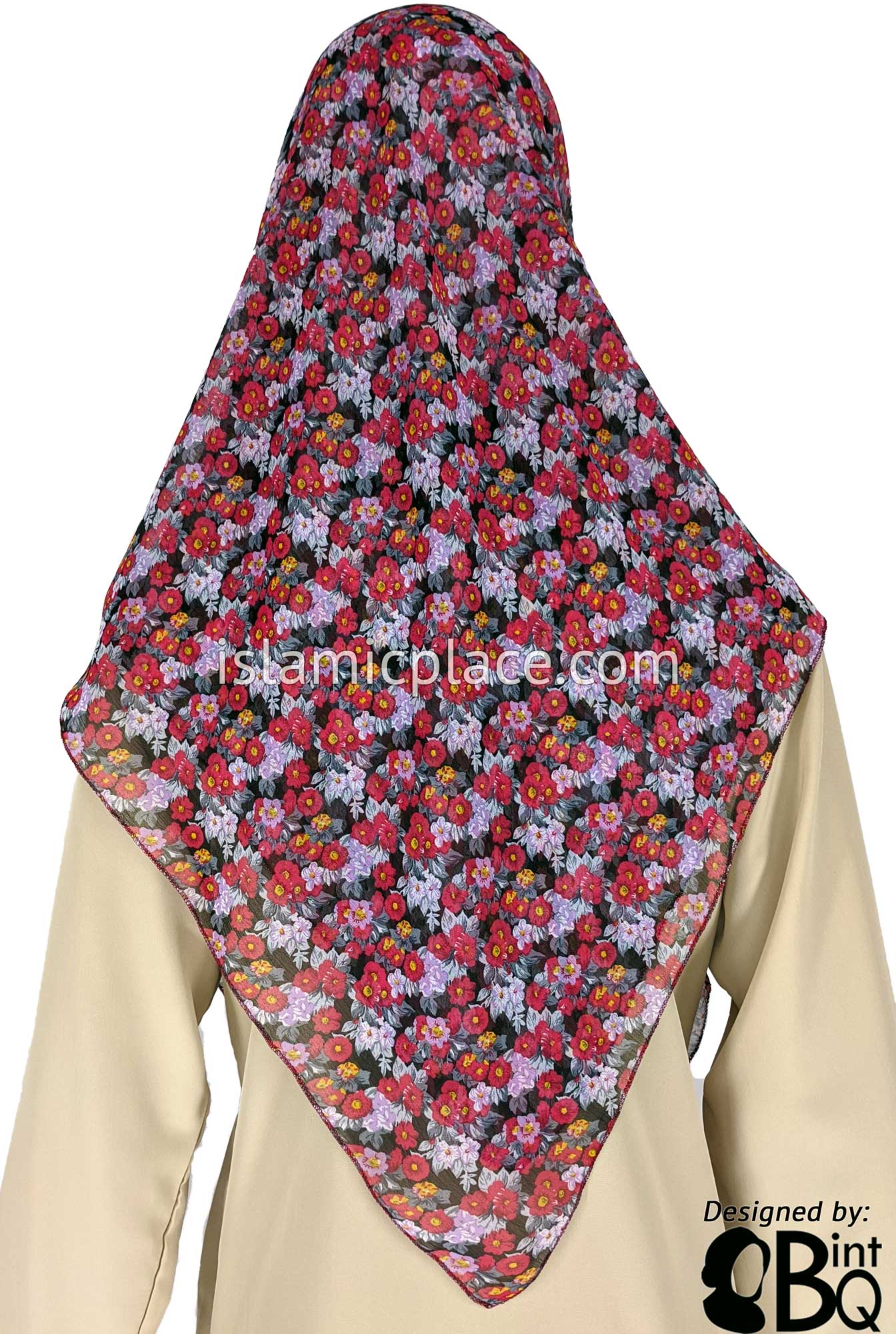 Fuchsia, Lavender, Gray Flower Bed on Black - 45" Square Printed Khimar