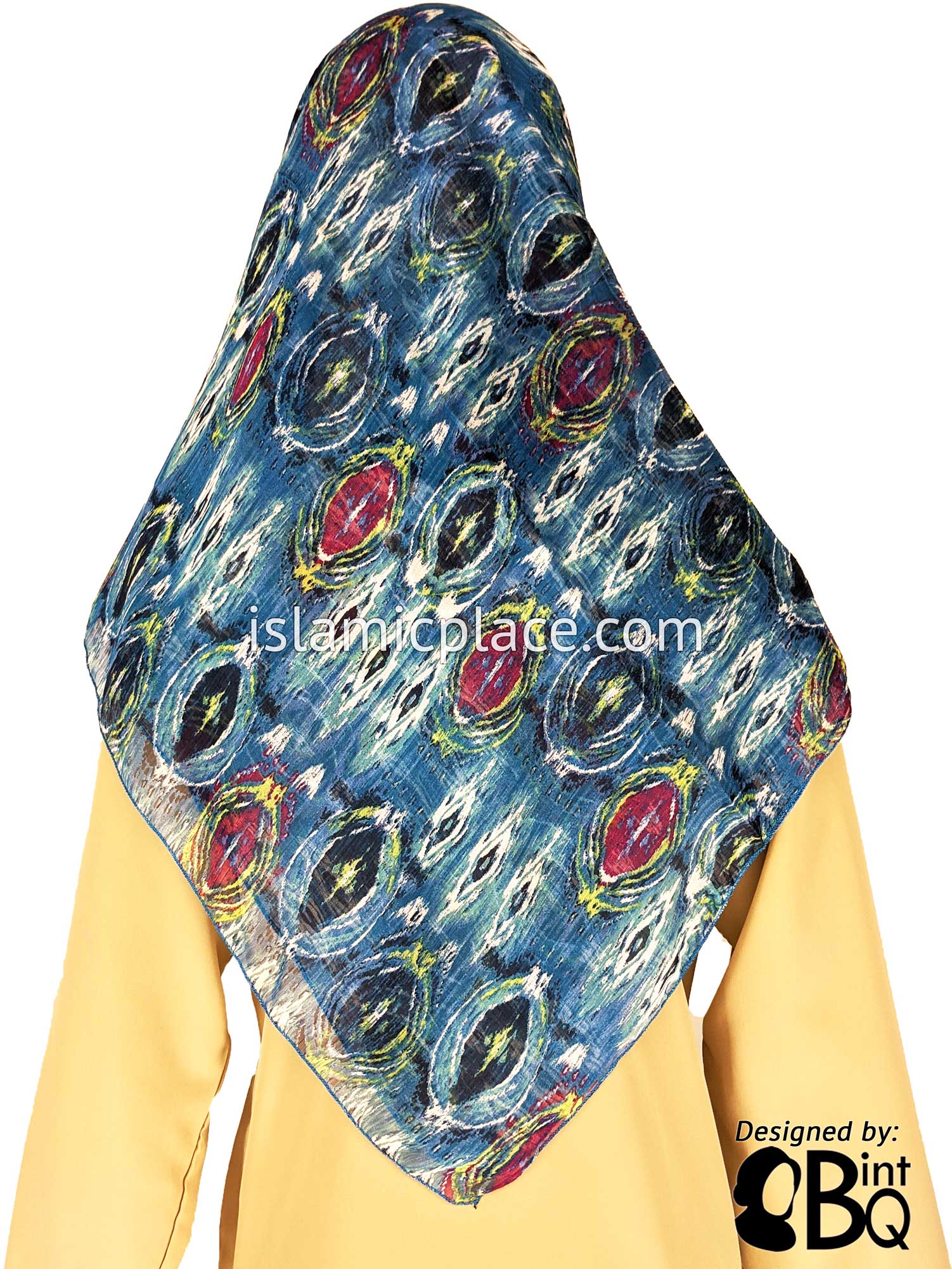 Fuchsia, Navy Blue, Light Blue and White Knots in Wood Design - 45" Square Printed Khimar