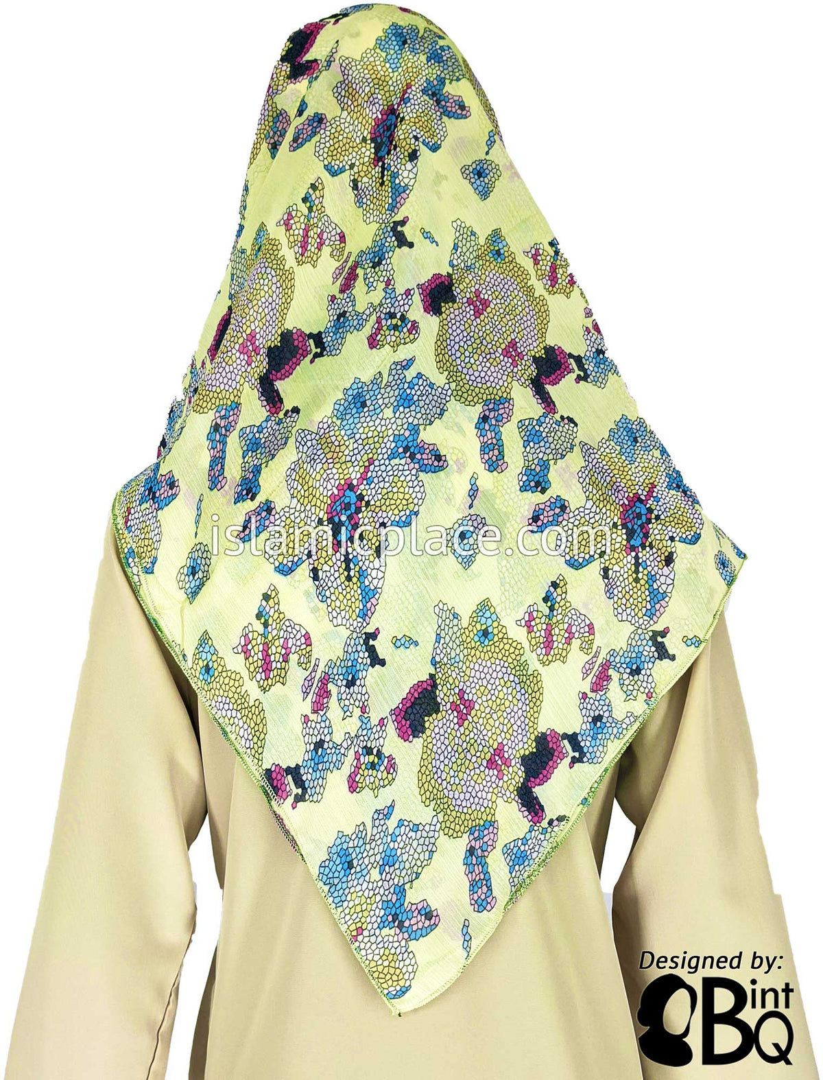 Pink, Yellow, Magenta and Teal Scattered Mosaic on Pale Yellow - 45&quot; Square Printed Khimar