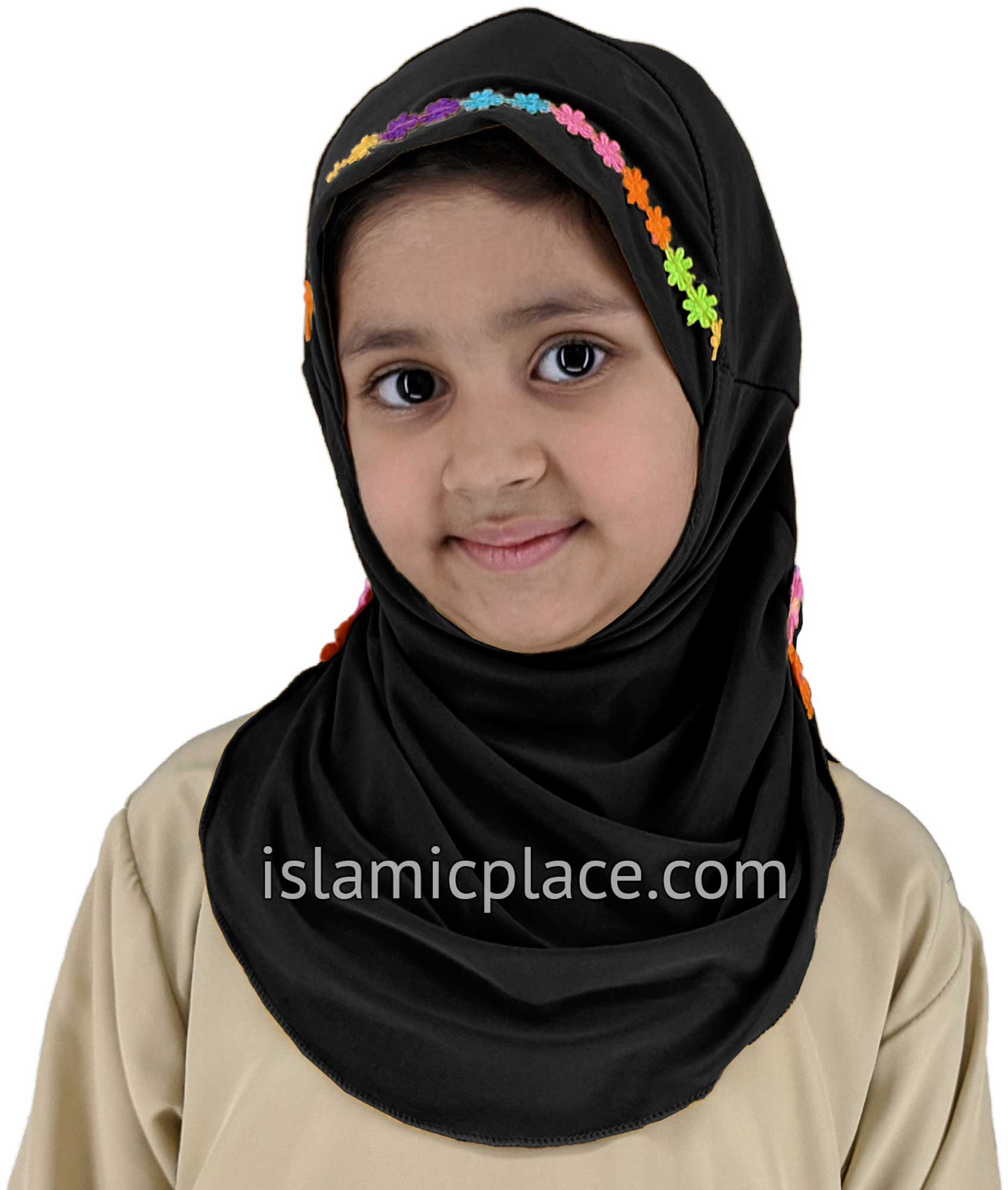 Black - Lace Daisy Flowers Hijab Al-Amira - Girl size (1-piece)