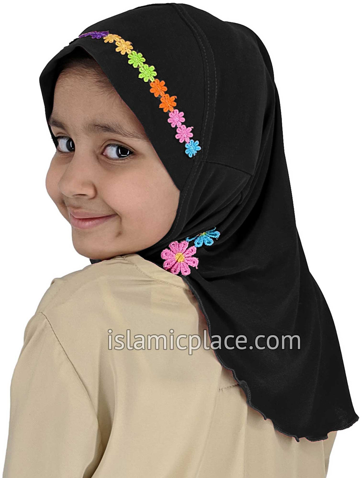 Black - Lace Daisy Flowers Hijab Al-Amira - Girl size (1-piece)