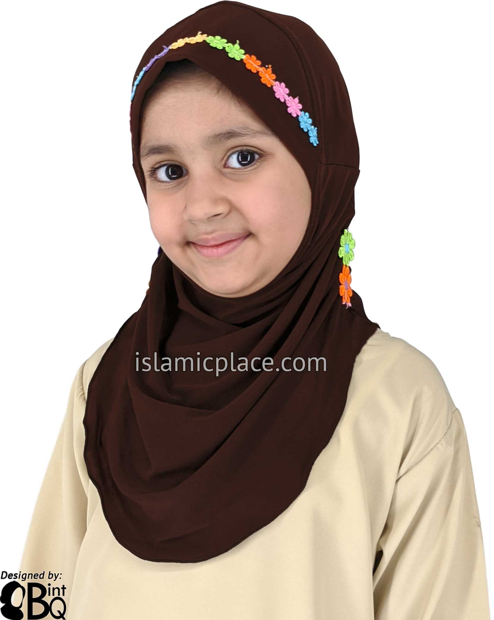 Brown - Lace Daisy Flowers Hijab Al-Amira - Girl size (1-piece)