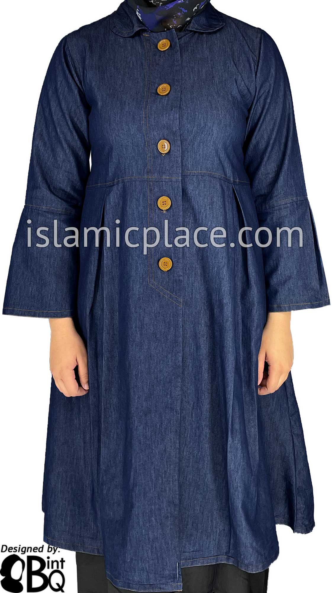 Blue Denim - Pleated Coat with Round Collar by BintQ - BQ141