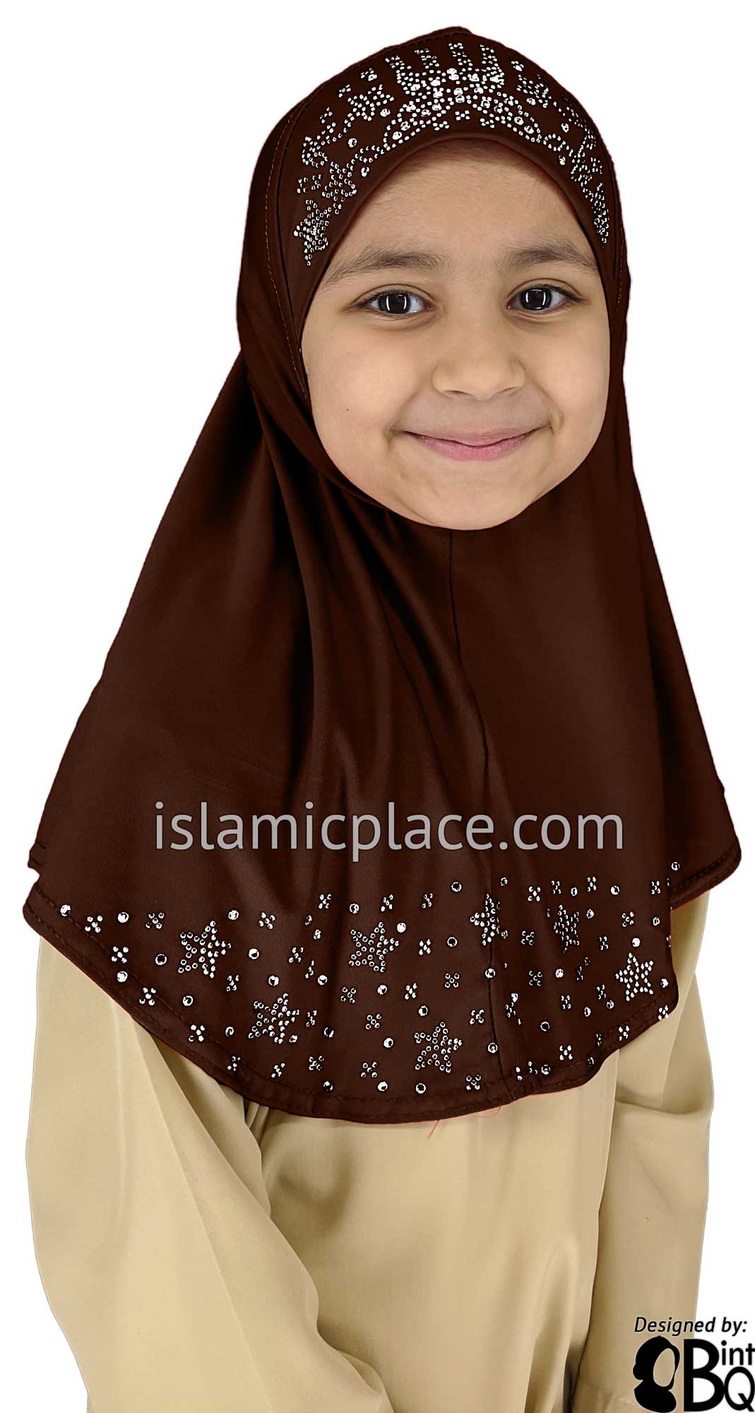 Brown - Luxurious Lycra Hijab Al-Amira with Silver Rhinestones - Girl size (1-piece)