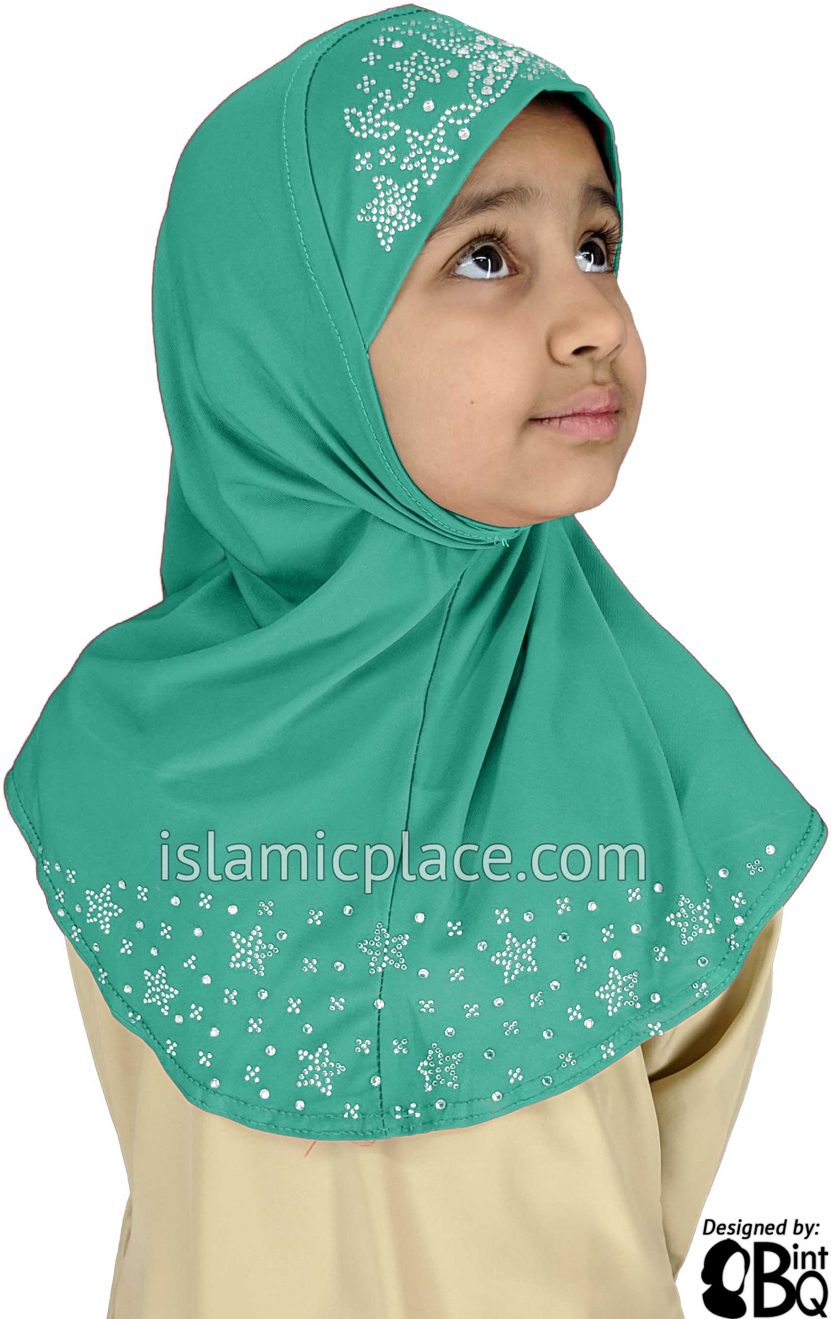 Turquoise - Luxurious Lycra Hijab Al-Amira with Silver Rhinestones - Girl size (1-piece)