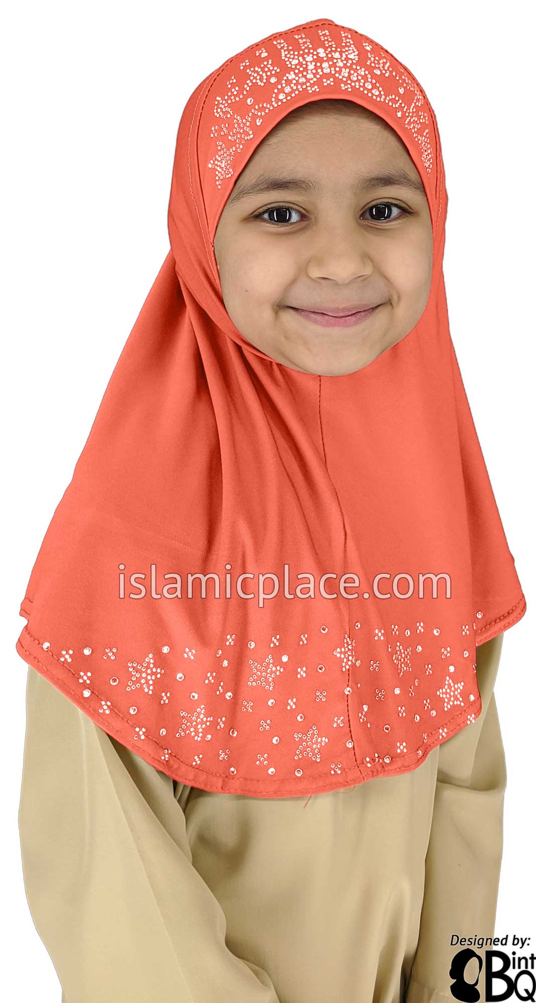 Peach - Luxurious Lycra Hijab Al-Amira with Silver Rhinestones - Girl size (1-piece)