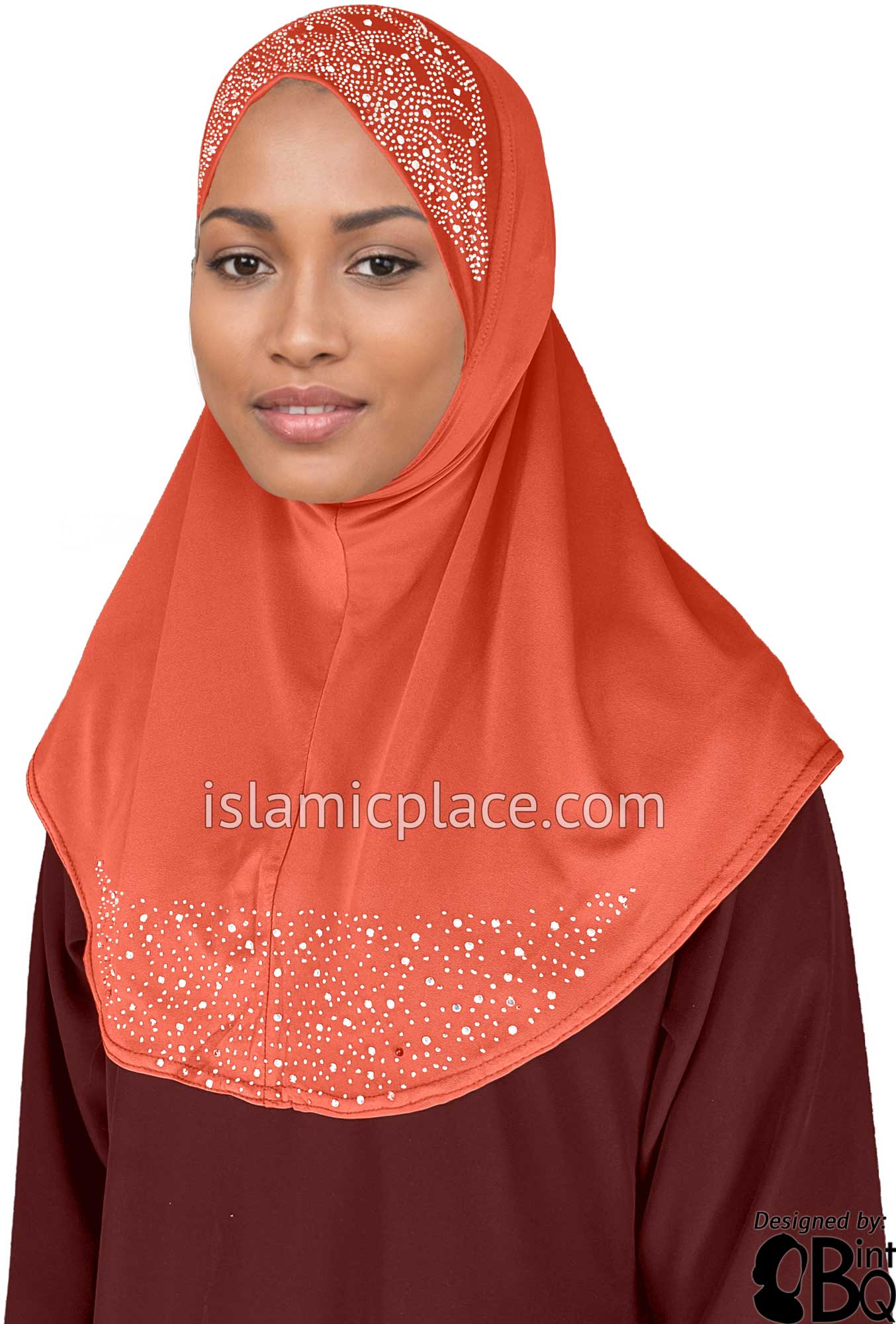 Peach - Luxurious Lycra Hijab Al-Amira with Silver Rhinestones Teen to Adult (Large)
