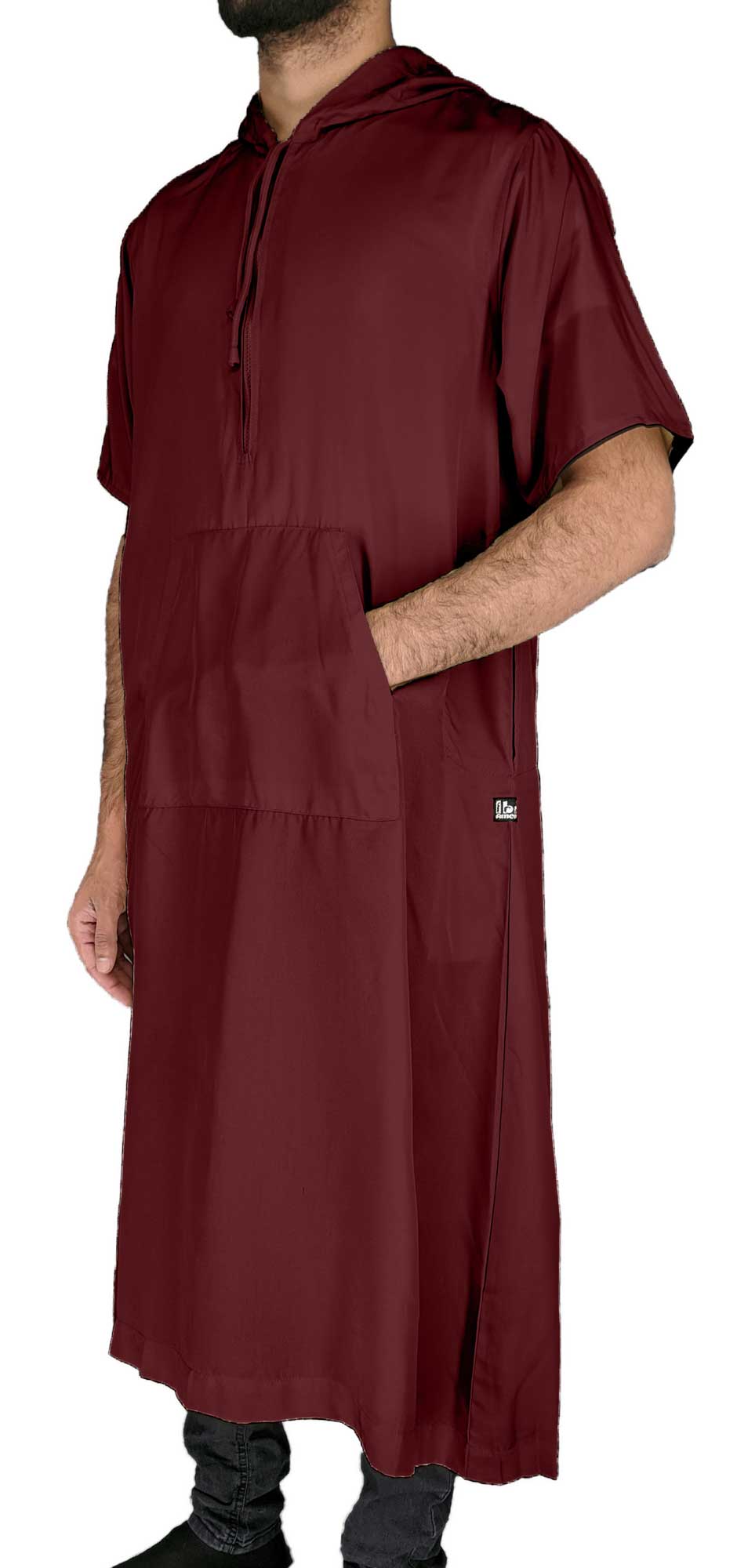 Burgundy - Sohail Men Short Sleeve Hoodie Thob by Ibn Ameen - IA16