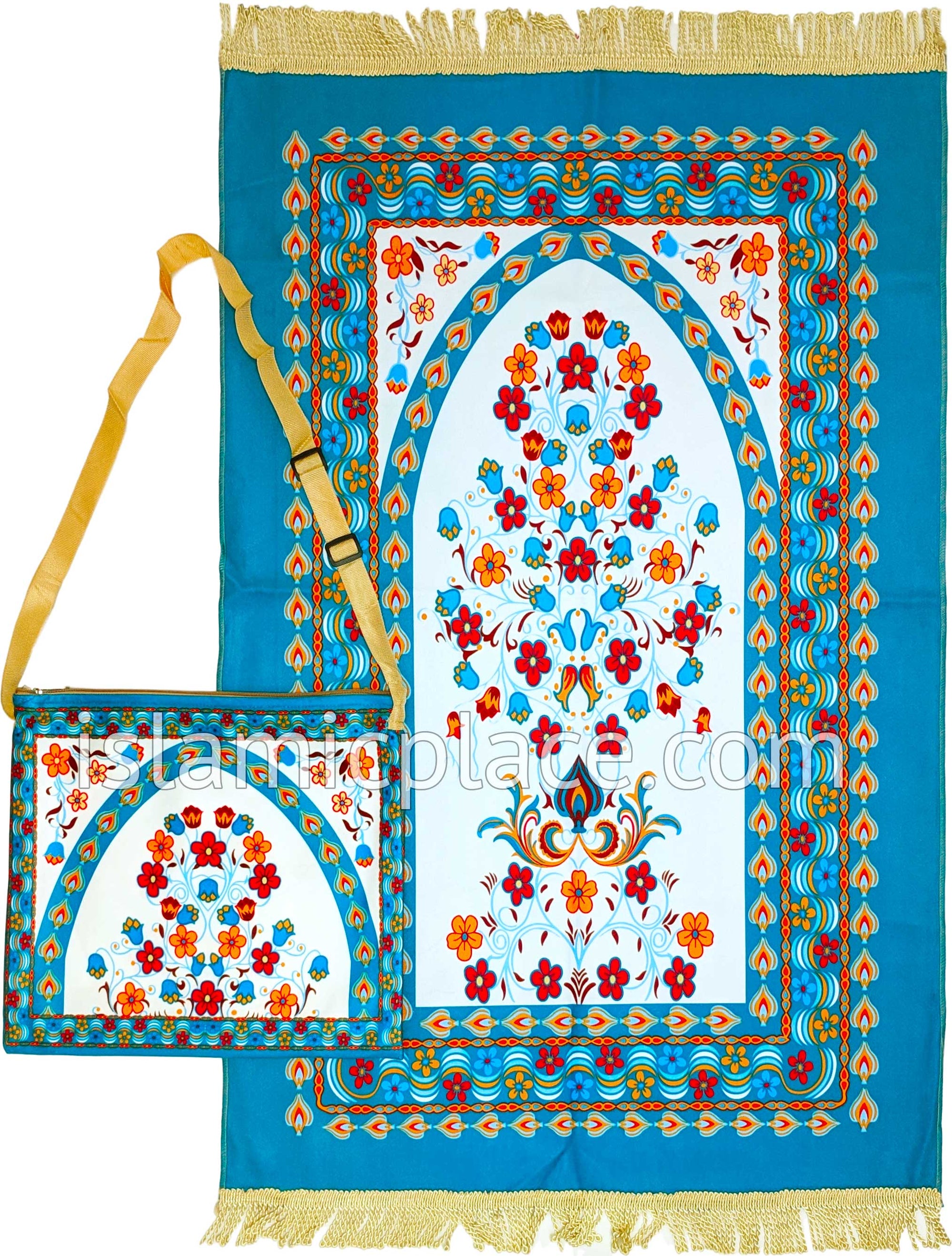 Teal - Floral Mihrab Design Prayer Rug with Matching Zipper Carrying Bag