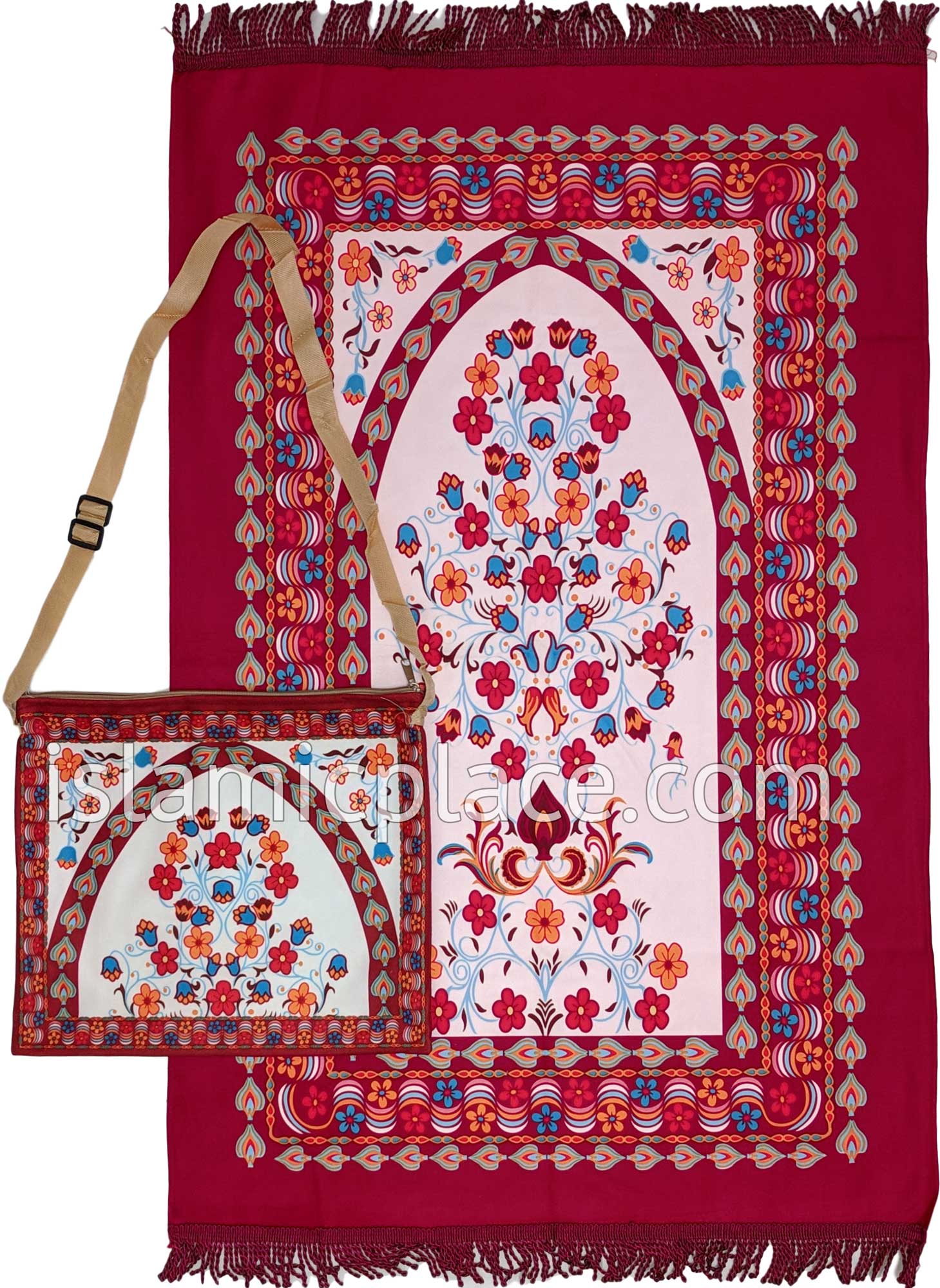 Red - Floral Mihrab Design Prayer Rug with Matching Zipper Carrying Bag