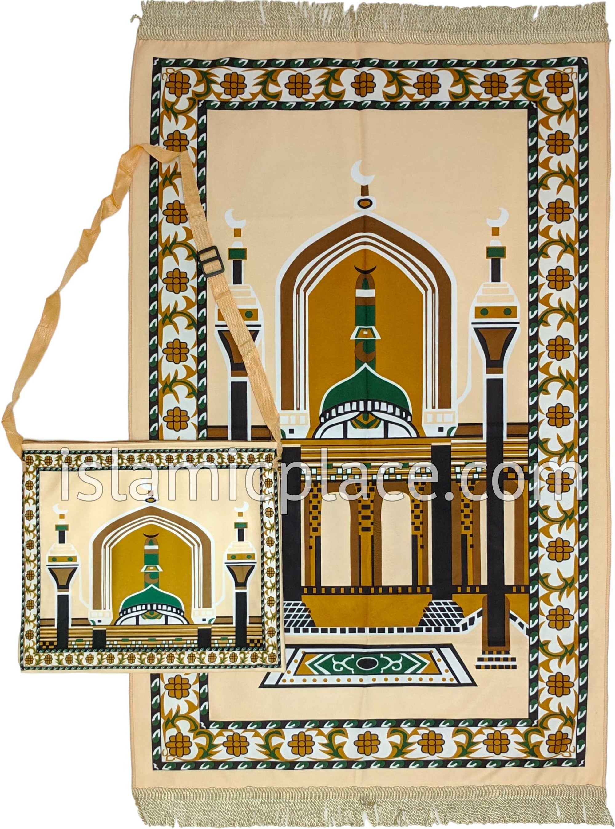 Khaki - Contemporary Masjid Design Prayer Rug with Matching Zipper Carrying Bag