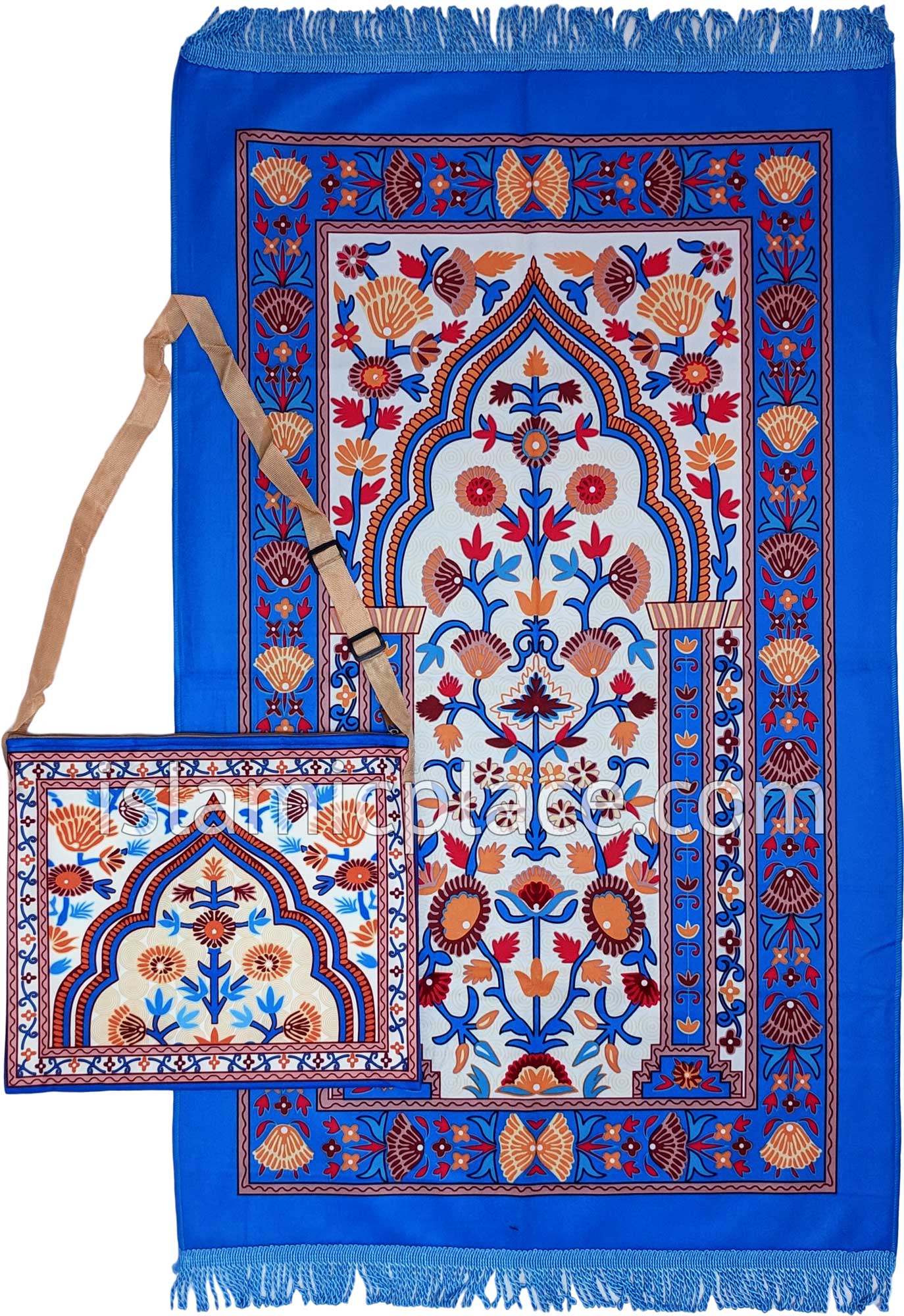 Blue - Wine Mihrab Design Prayer Rug with Matching Zipper Carrying Bag