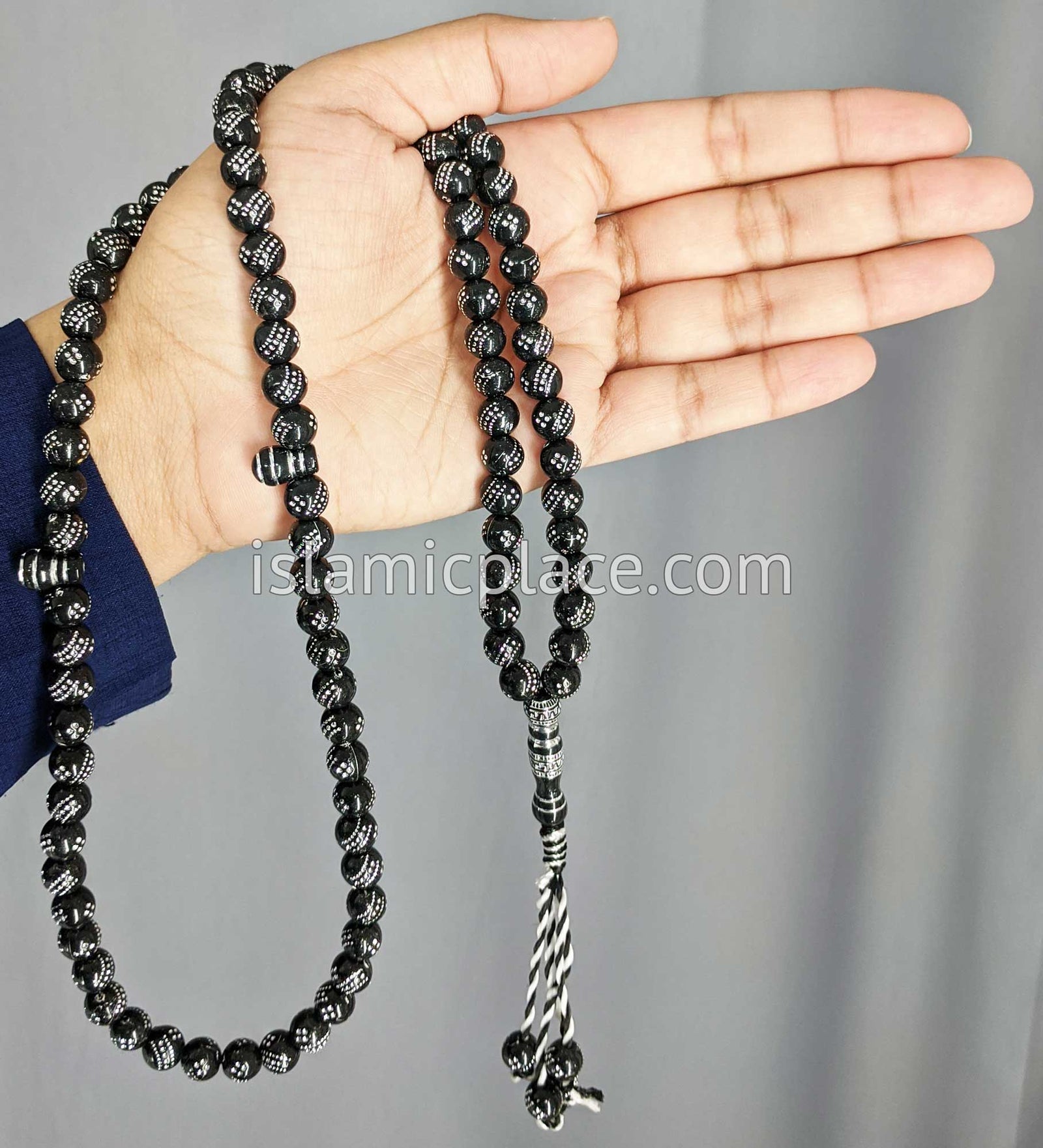 Black - Dots Along a Path Design Tasbih Prayer Beads
