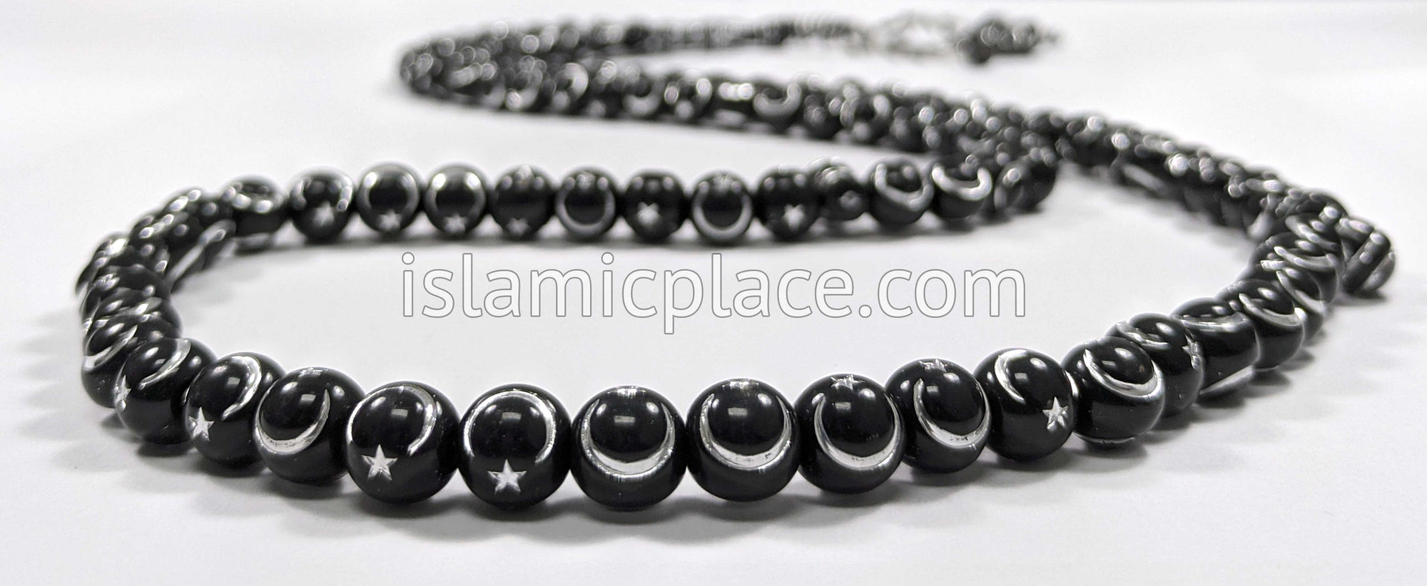 Black - Star and Crescent Moon Design Tasbih Prayer Beads