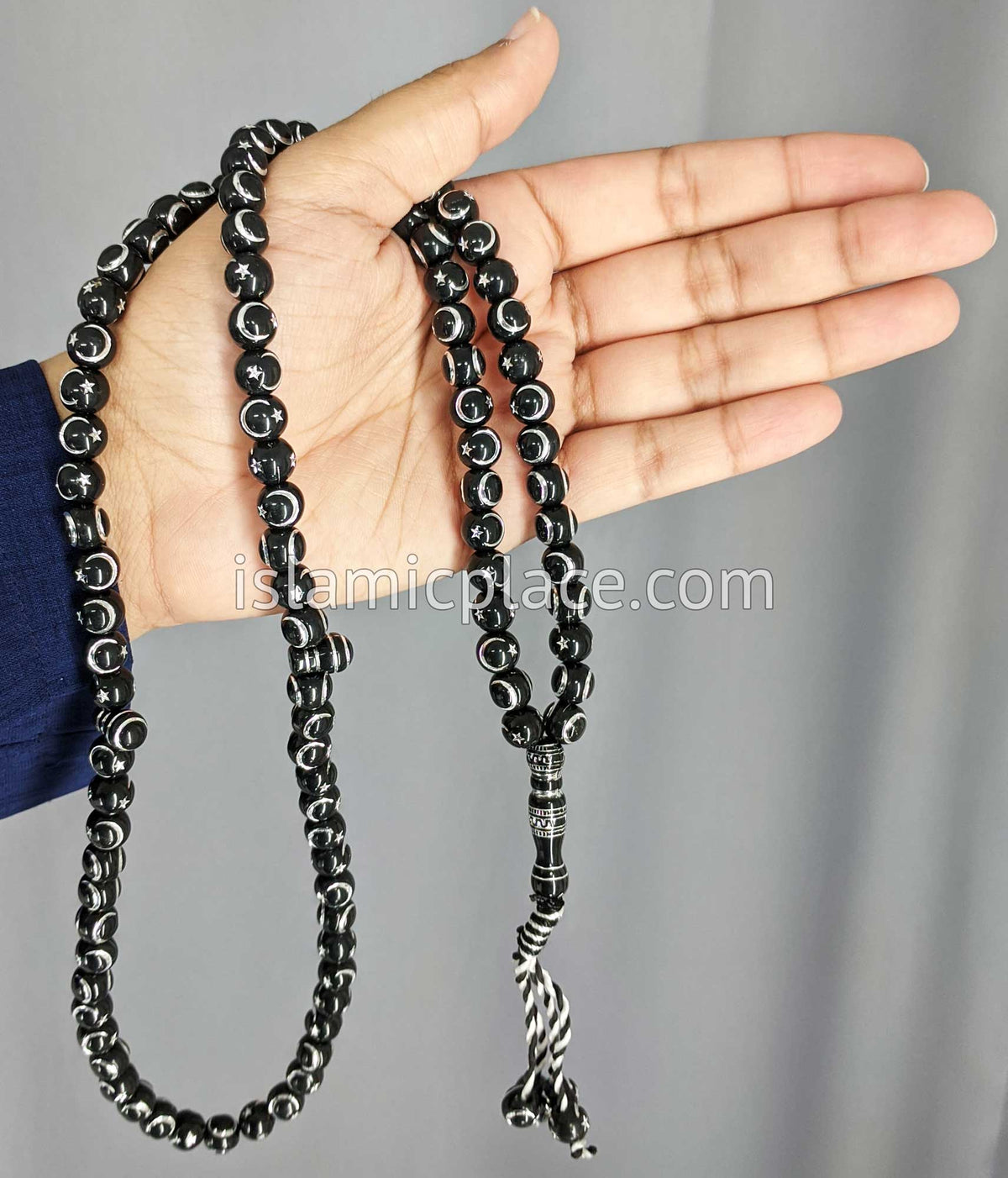 Black - Star and Crescent Moon Design Tasbih Prayer Beads