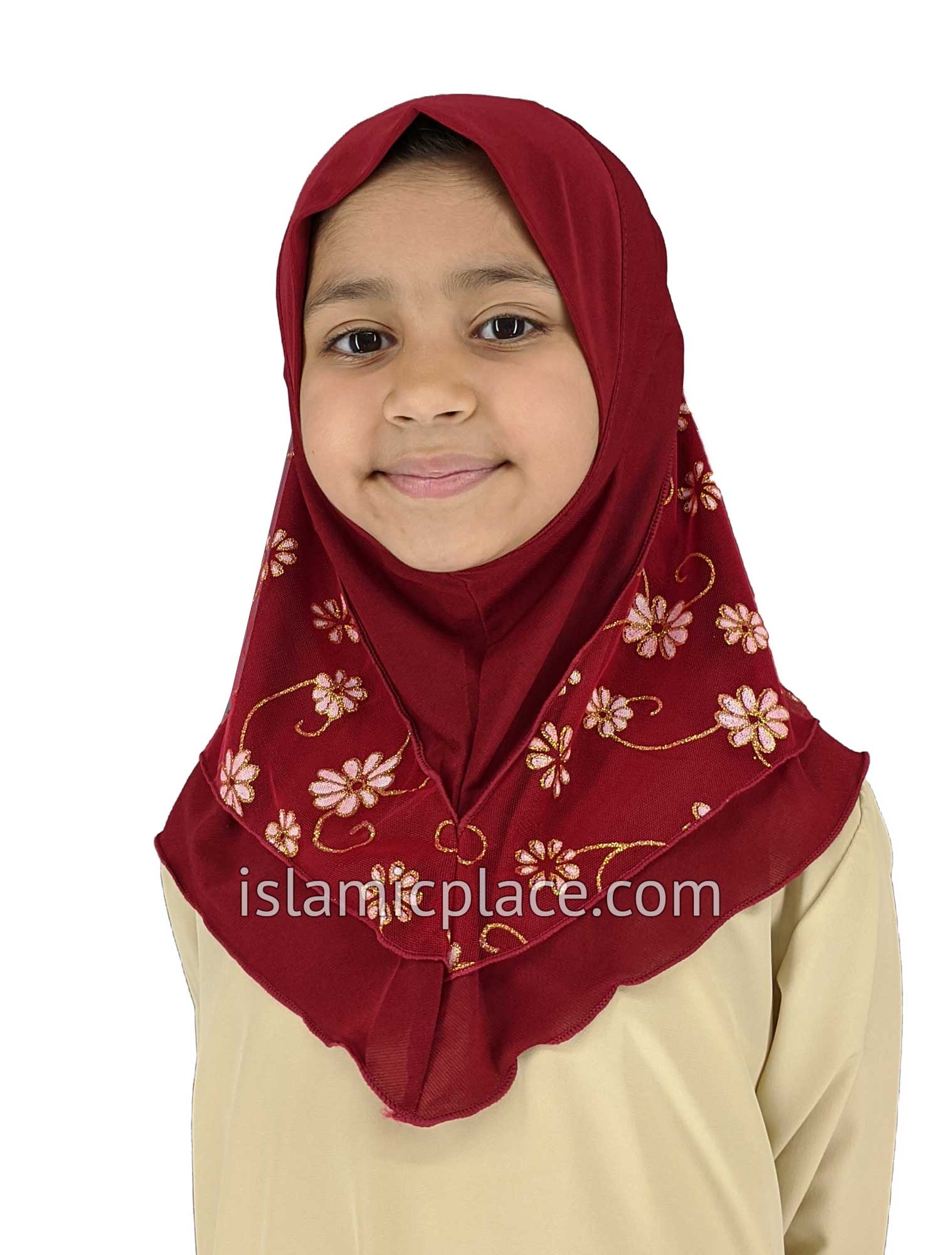 Burgundy - Daisy Sketch Hijab Al-Amira - Girl size (1-piece) - Design 2