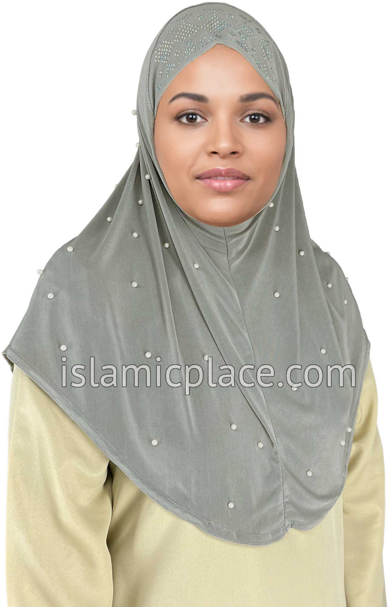 Gray - Pearly with Rhinestones Teen to Adult (Large) Hijab Al-Amira (1-piece style) - Design 10