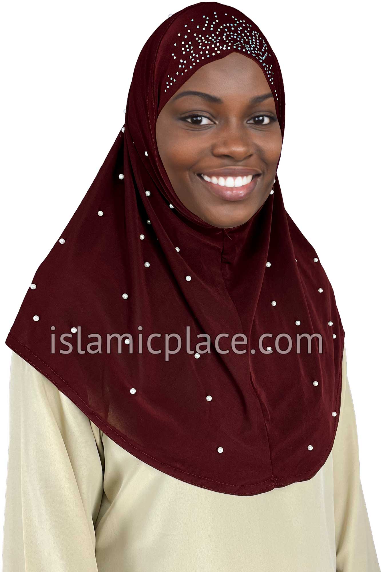 Burgundy - Pearly with Rhinestones Teen to Adult (Large) Hijab Al-Amira (1-piece style) - Design 10