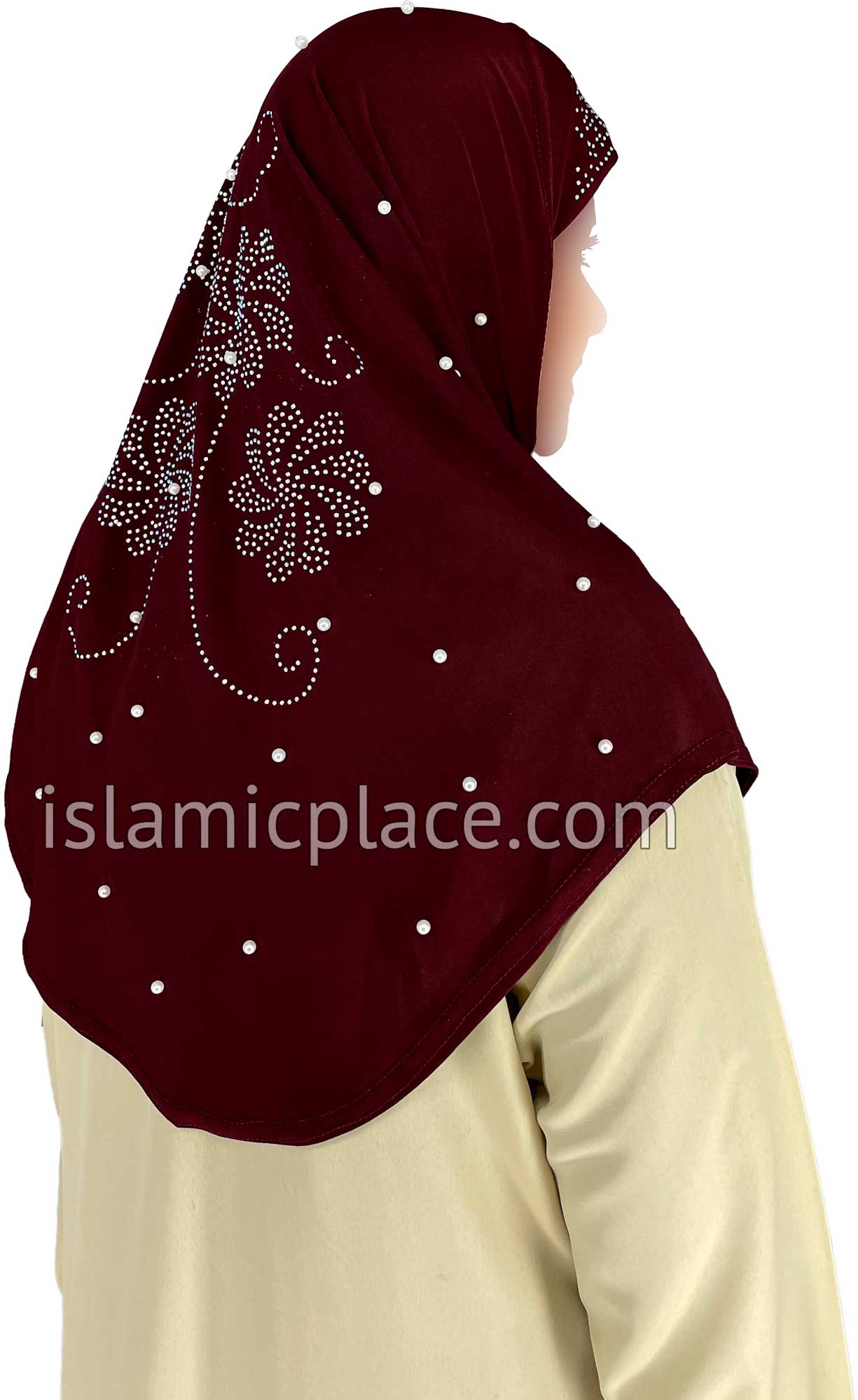 Burgundy - Pearly with Rhinestones Teen to Adult (Large) Hijab Al-Amira (1-piece style) - Design 10