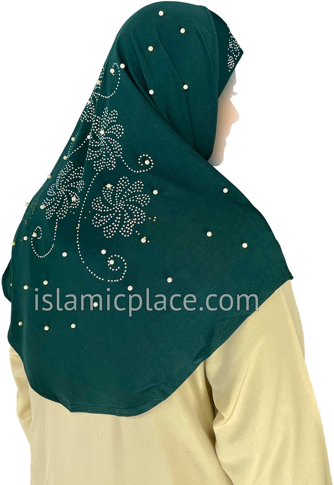 Dark Green - Pearly with Rhinestones Teen to Adult (Large) Hijab Al-Amira (1-piece style) - Design 10