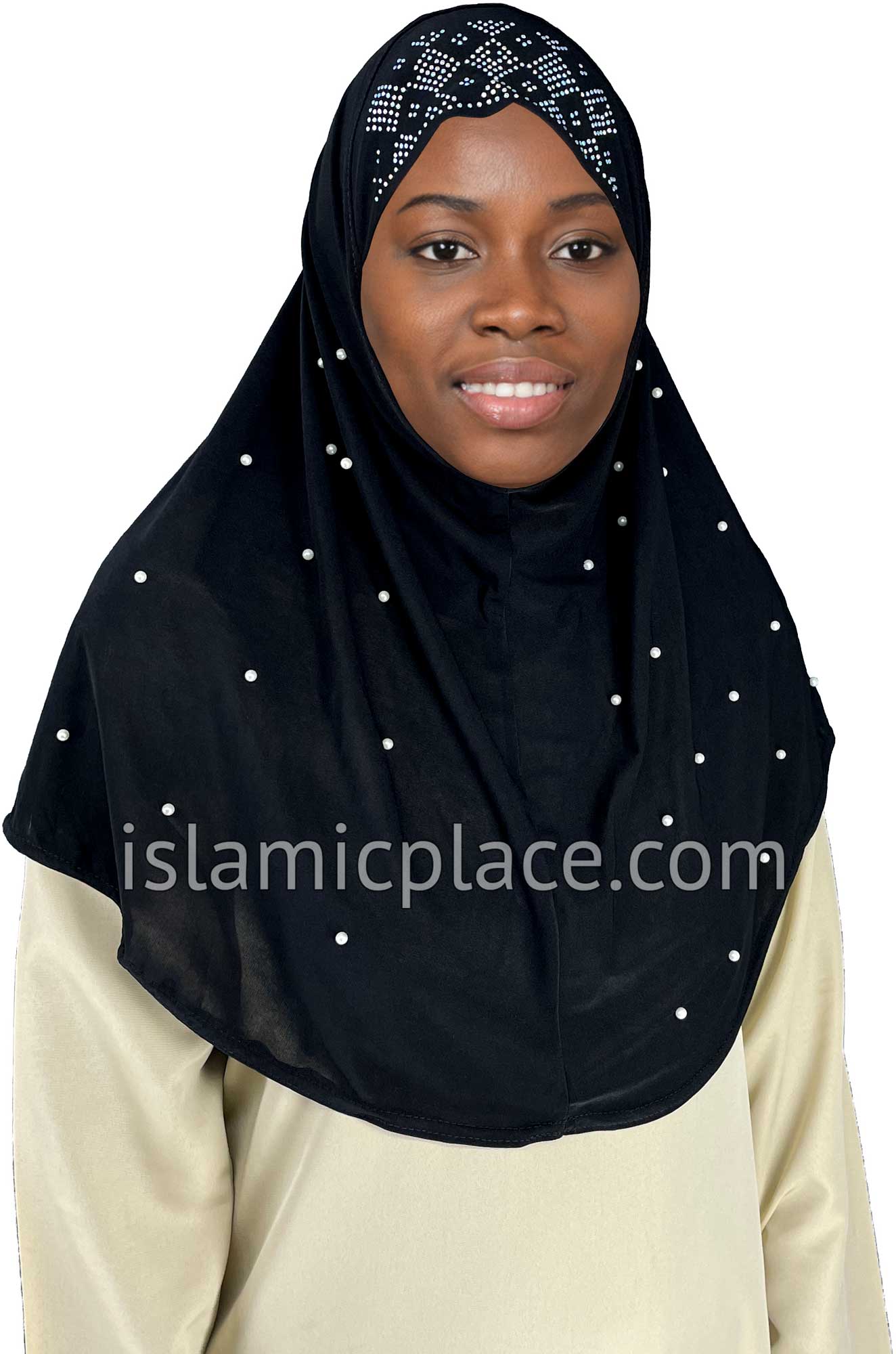 Black - Pearly with Rhinestones Teen to Adult (Large) Hijab Al-Amira (1-piece style) - Design 10
