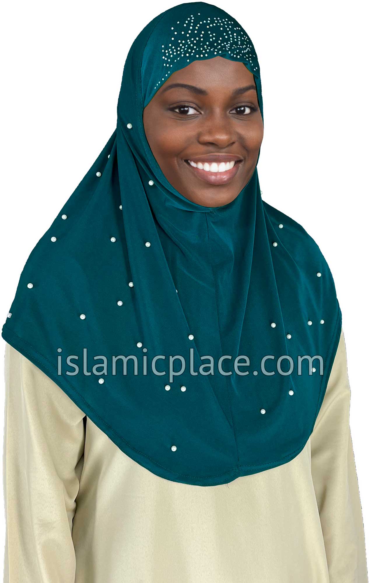 Dark Teal - Pearly with Rhinestones Teen to Adult (Large) Hijab Al-Amira (1-piece style) - Design 10