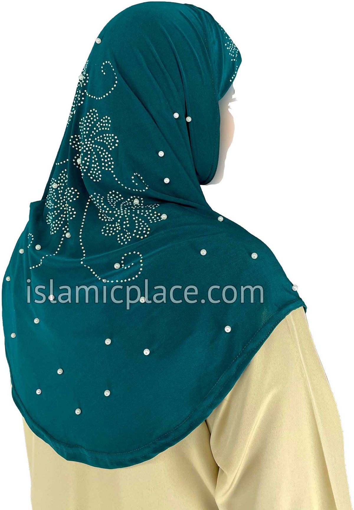 Dark Teal - Pearly with Rhinestones Teen to Adult (Large) Hijab Al-Amira (1-piece style) - Design 10