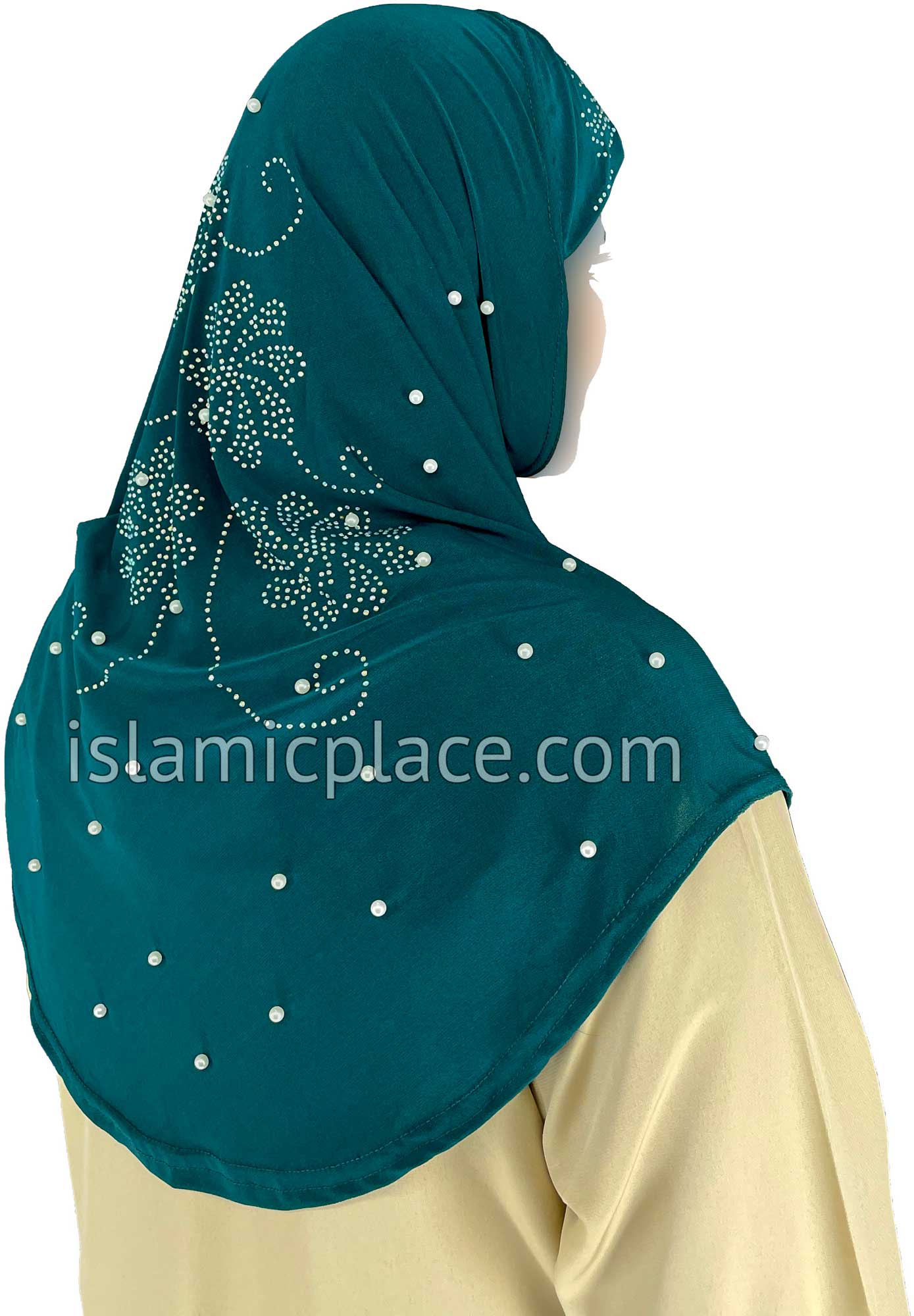 Dark Teal - Pearly with Rhinestones Teen to Adult (Large) Hijab Al-Amira (1-piece style) - Design 10