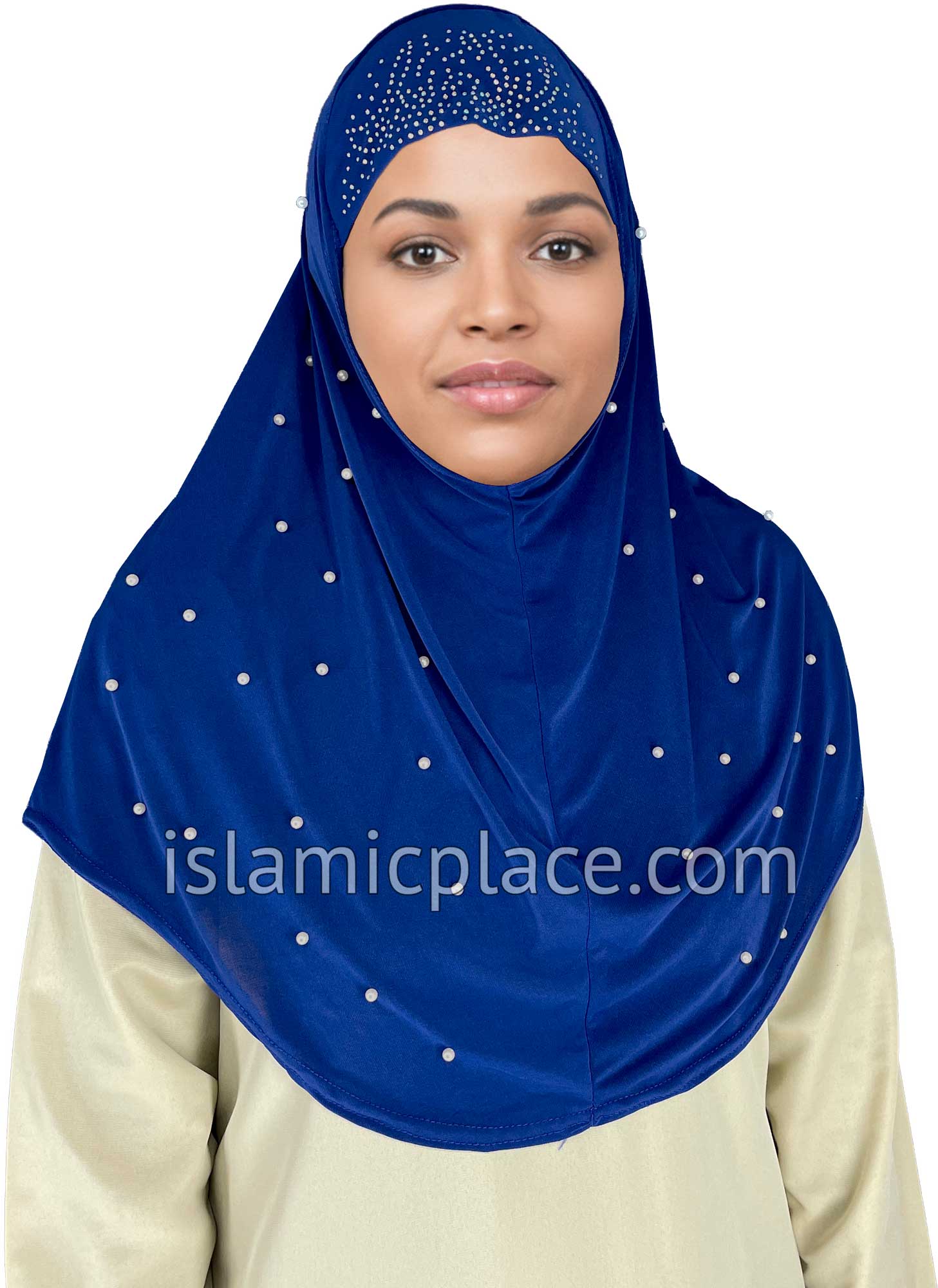 Royal Blue - Pearly with Rhinestones Teen to Adult (Large) Hijab Al-Amira (1-piece style) - Design 10