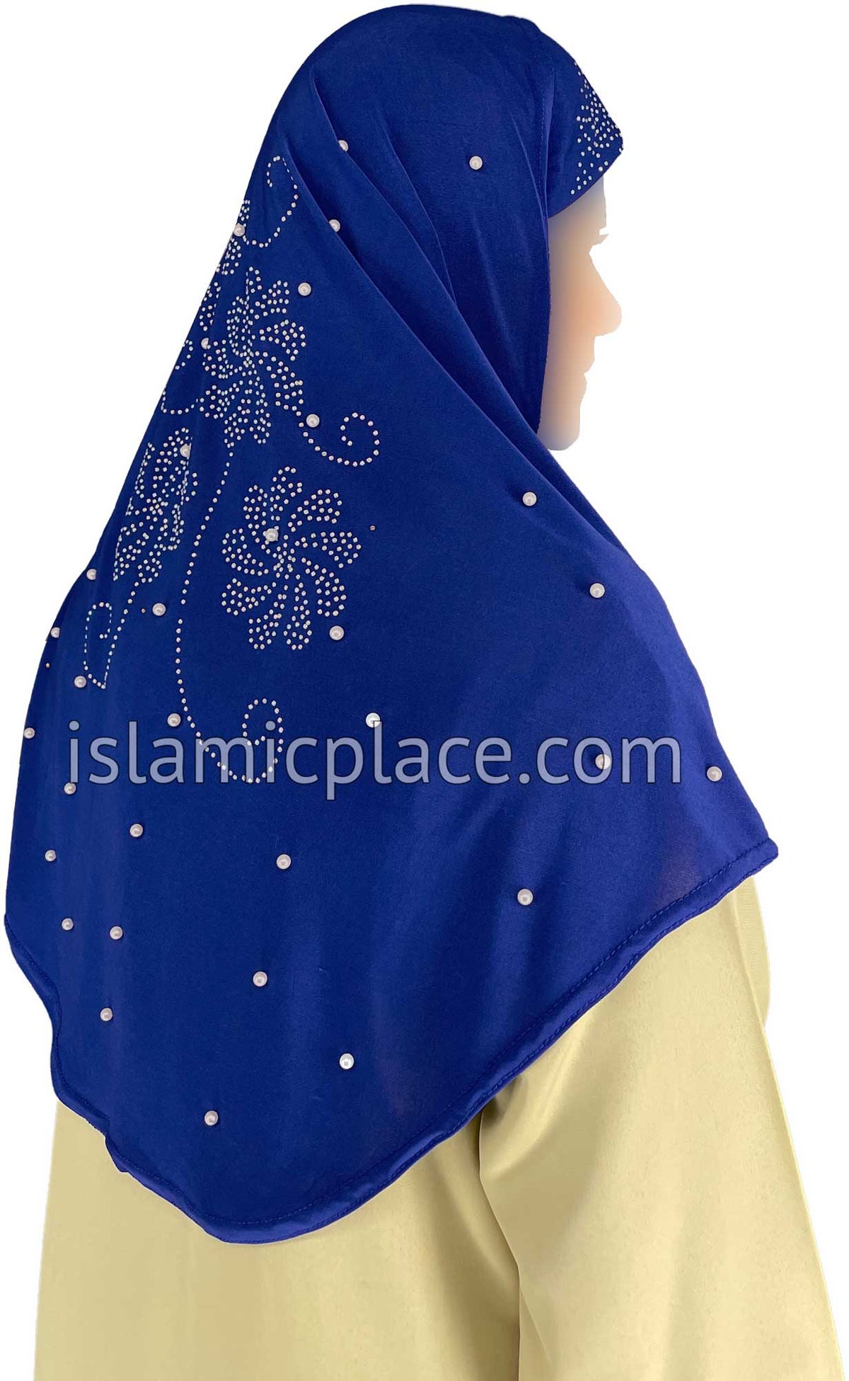 Royal Blue - Pearly with Rhinestones Teen to Adult (Large) Hijab Al-Amira (1-piece style) - Design 10