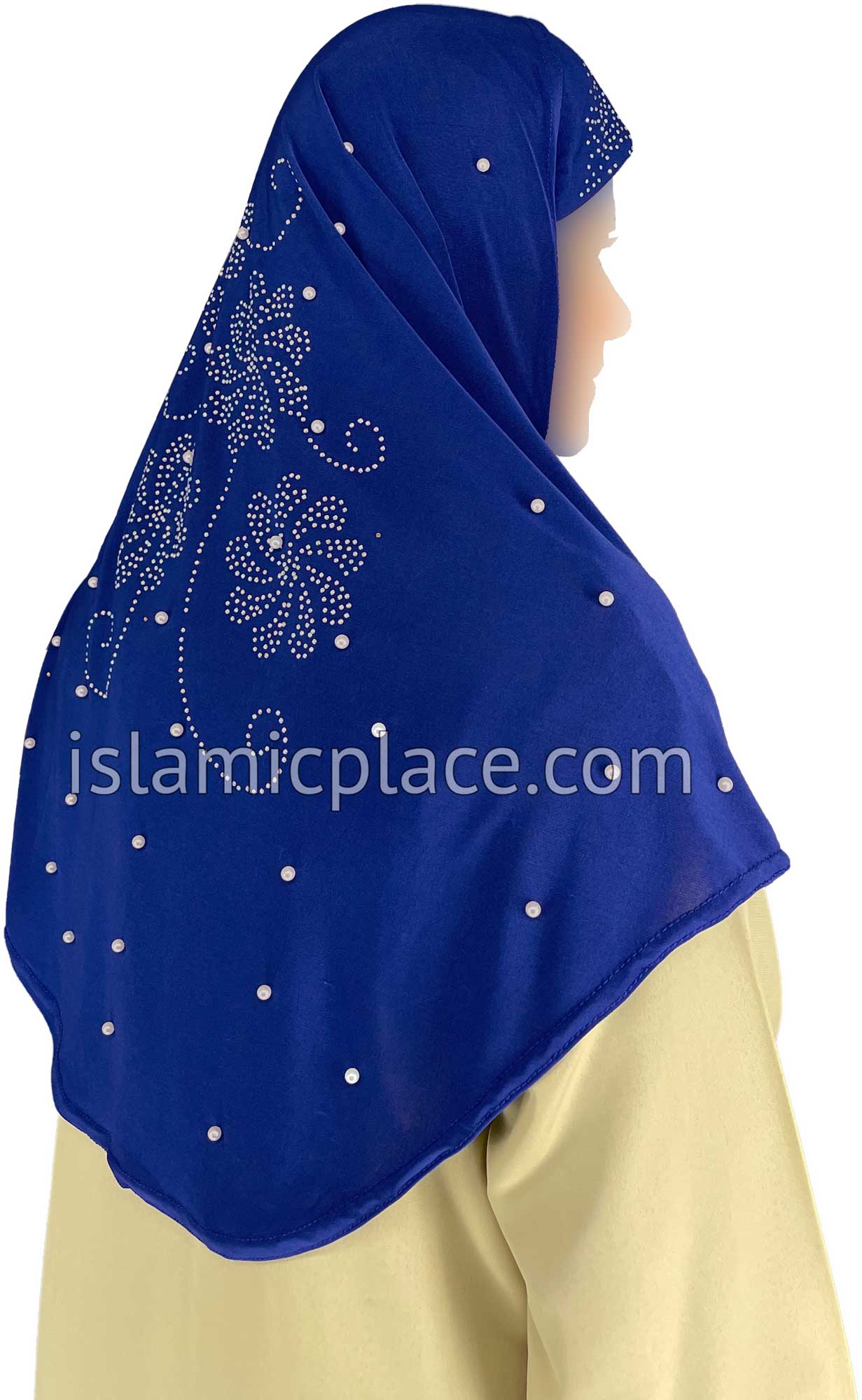 Royal Blue - Pearly with Rhinestones Teen to Adult (Large) Hijab Al-Amira (1-piece style) - Design 10