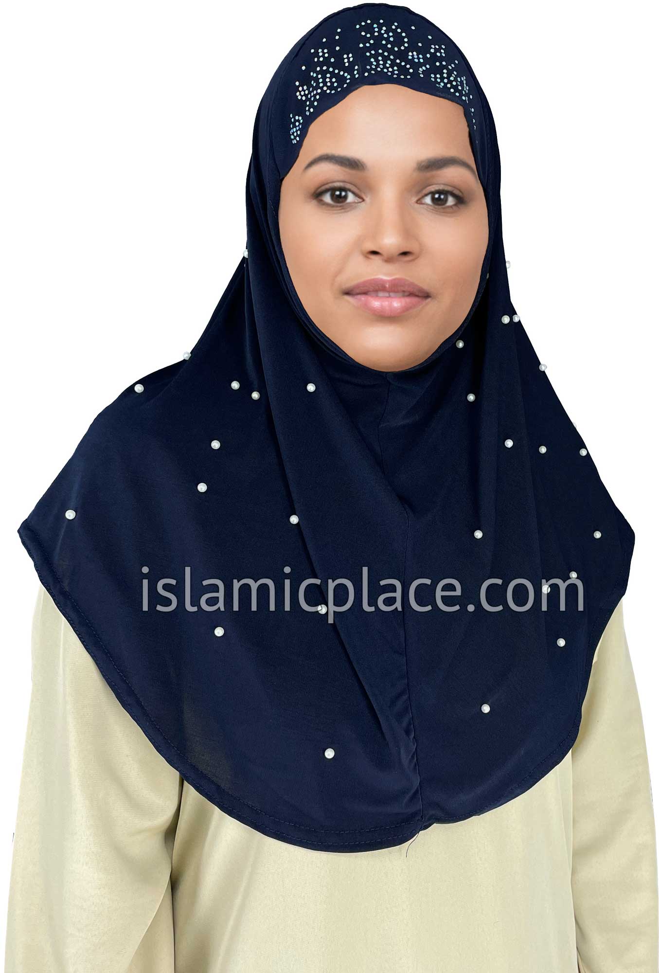 Navy Blue - Pearly with Rhinestones Teen to Adult (Large) Hijab Al-Amira (1-piece style) - Design 10