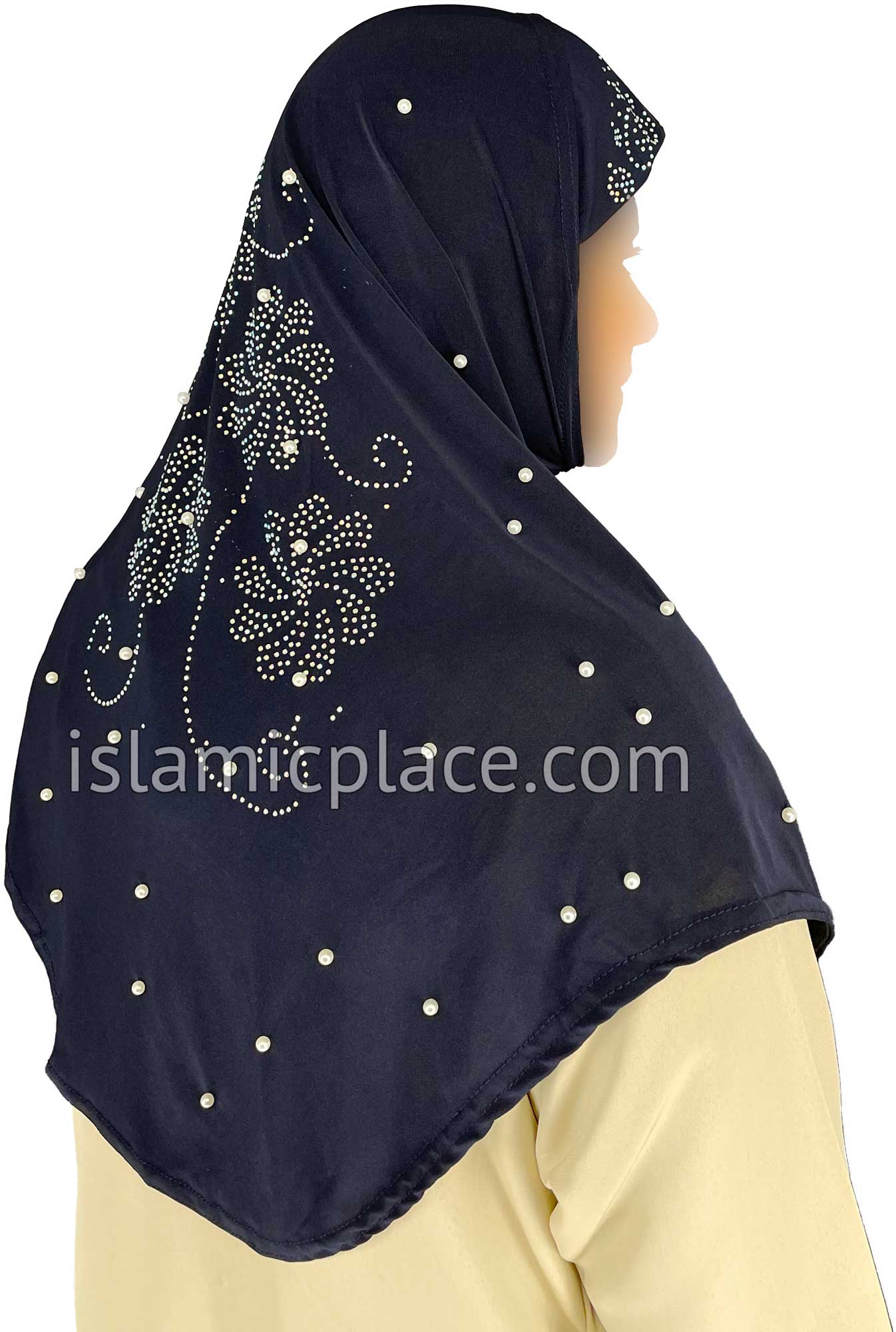 Navy Blue - Pearly with Rhinestones Teen to Adult (Large) Hijab Al-Amira (1-piece style) - Design 10