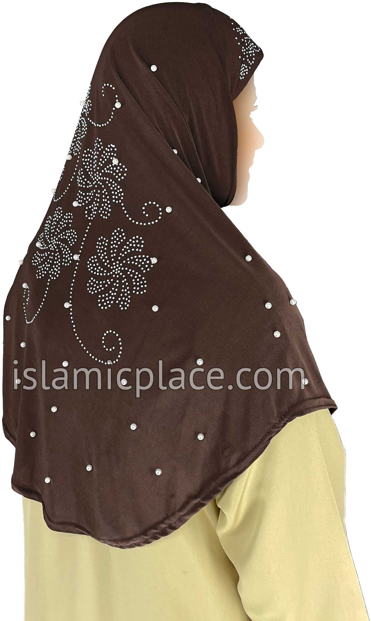 Brown - Pearly with Rhinestones Teen to Adult (Large) Hijab Al-Amira (1-piece style) - Design 10