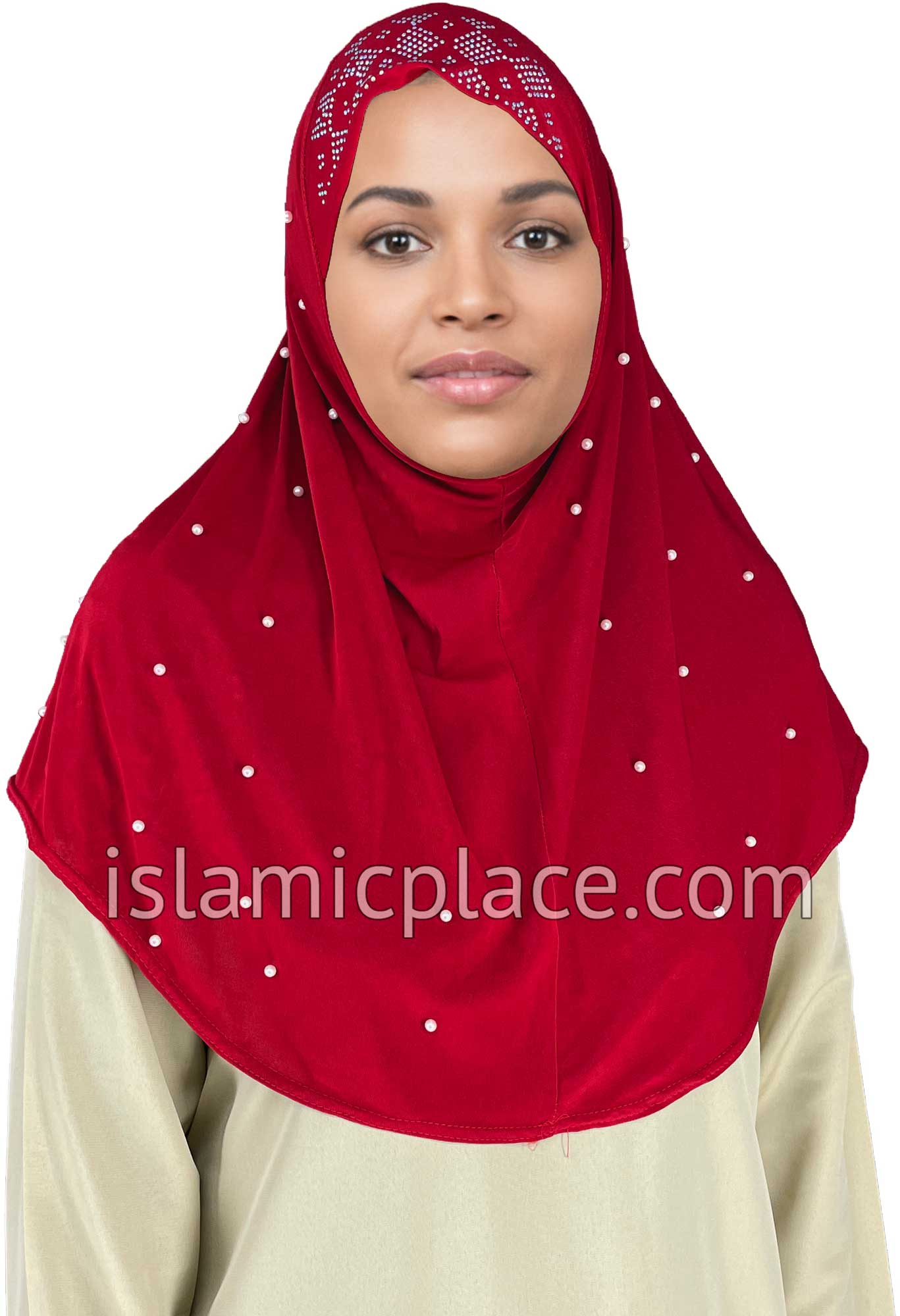 Red - Pearly with Rhinestones Teen to Adult (Large) Hijab Al-Amira (1-piece style) - Design 10