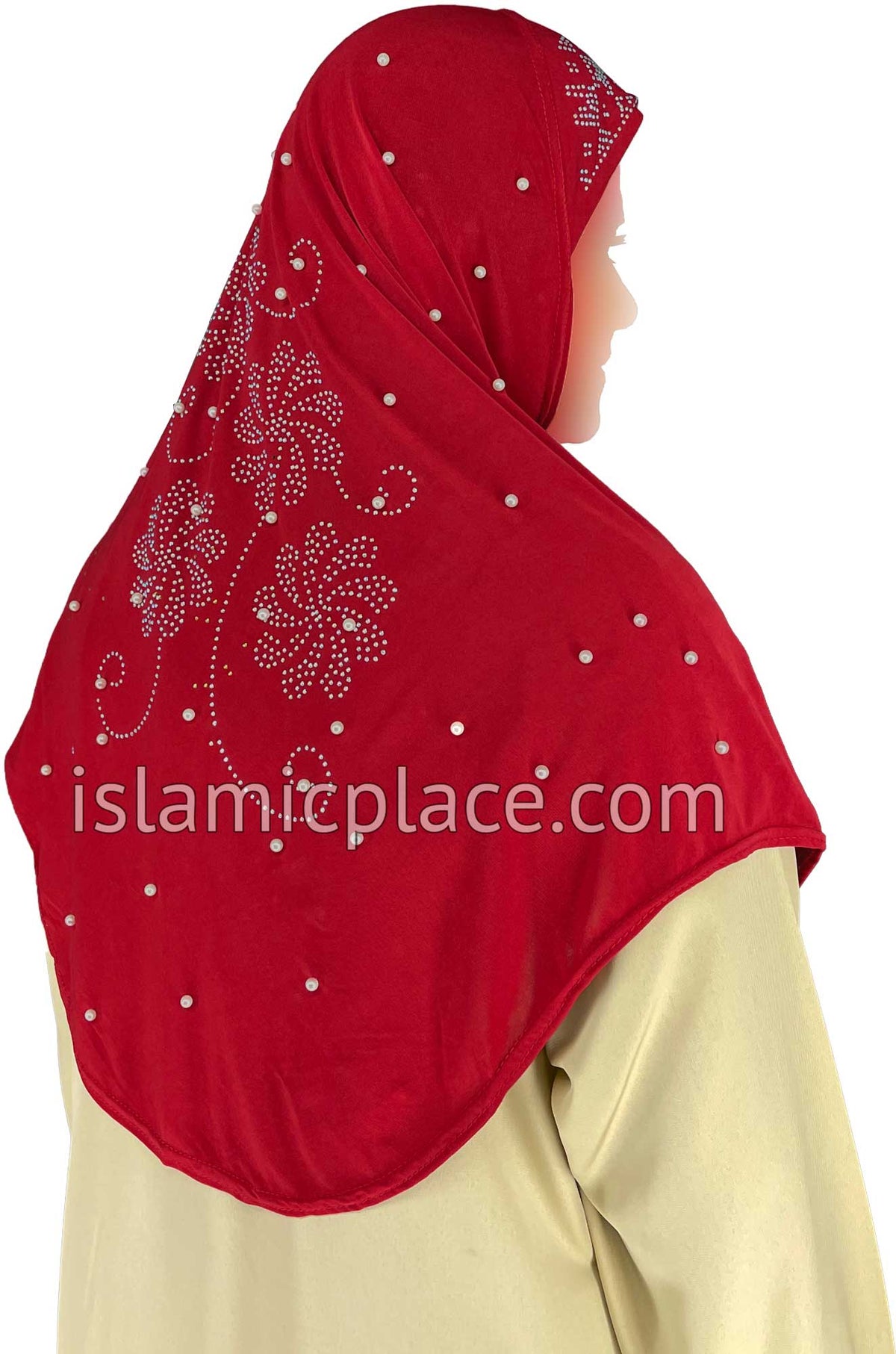 Red - Pearly with Rhinestones Teen to Adult (Large) Hijab Al-Amira (1-piece style) - Design 10