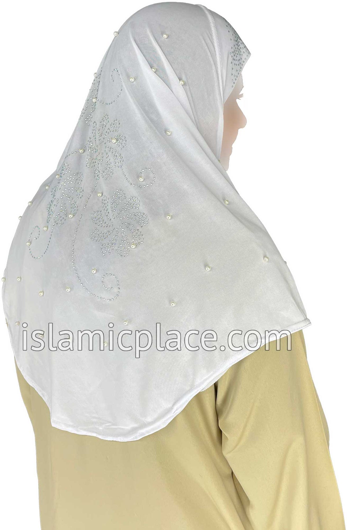 White - Pearly with Rhinestones Teen to Adult (Large) Hijab Al-Amira (1-piece style) - Design 10