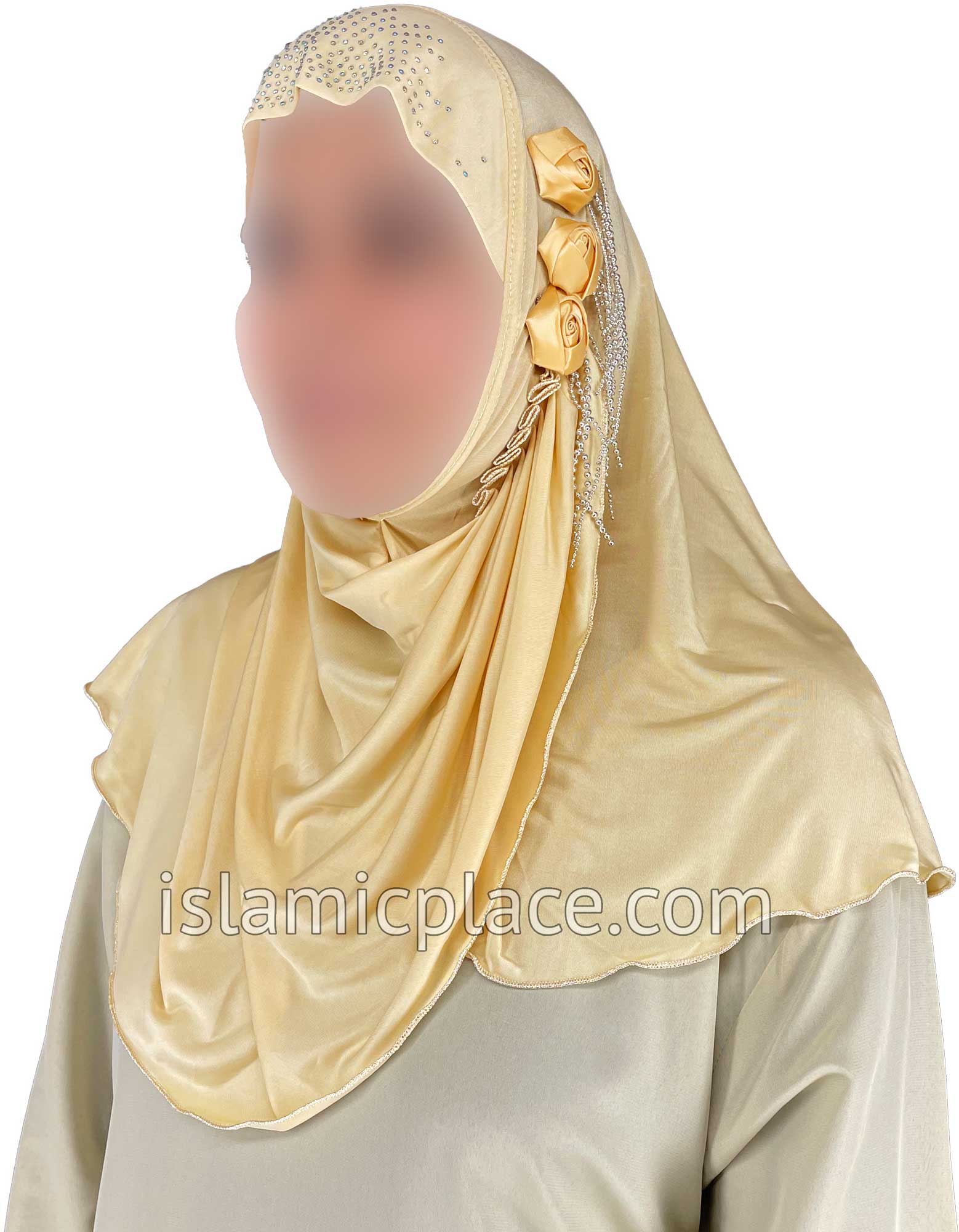 Oatmeal - Roses in a Row Teen to Adult (Large) Hijab Al-Amira (1-piece style) - Design 11