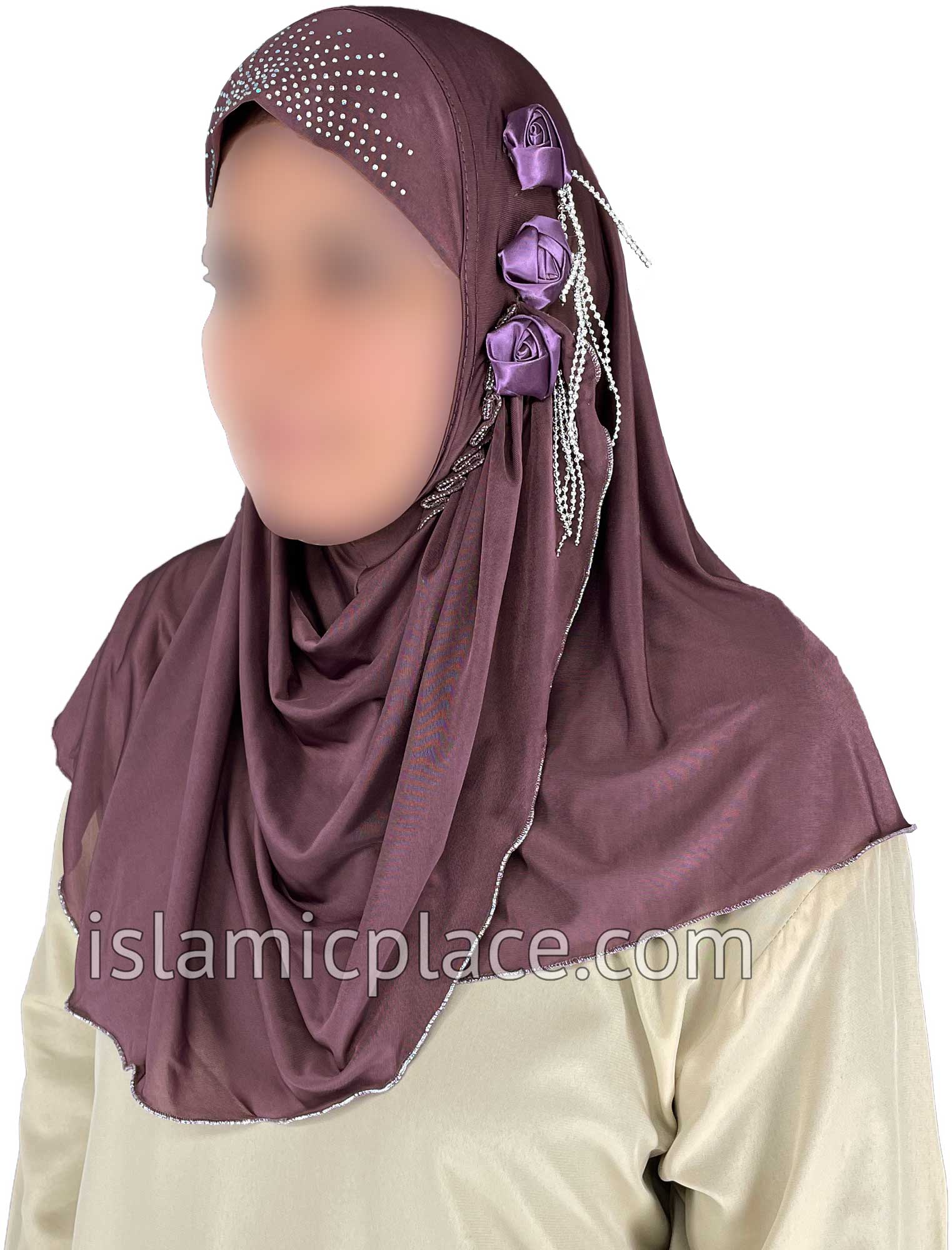 Dark Mauve - Roses in a Row Teen to Adult (Large) Hijab Al-Amira (1-piece style) - Design 11