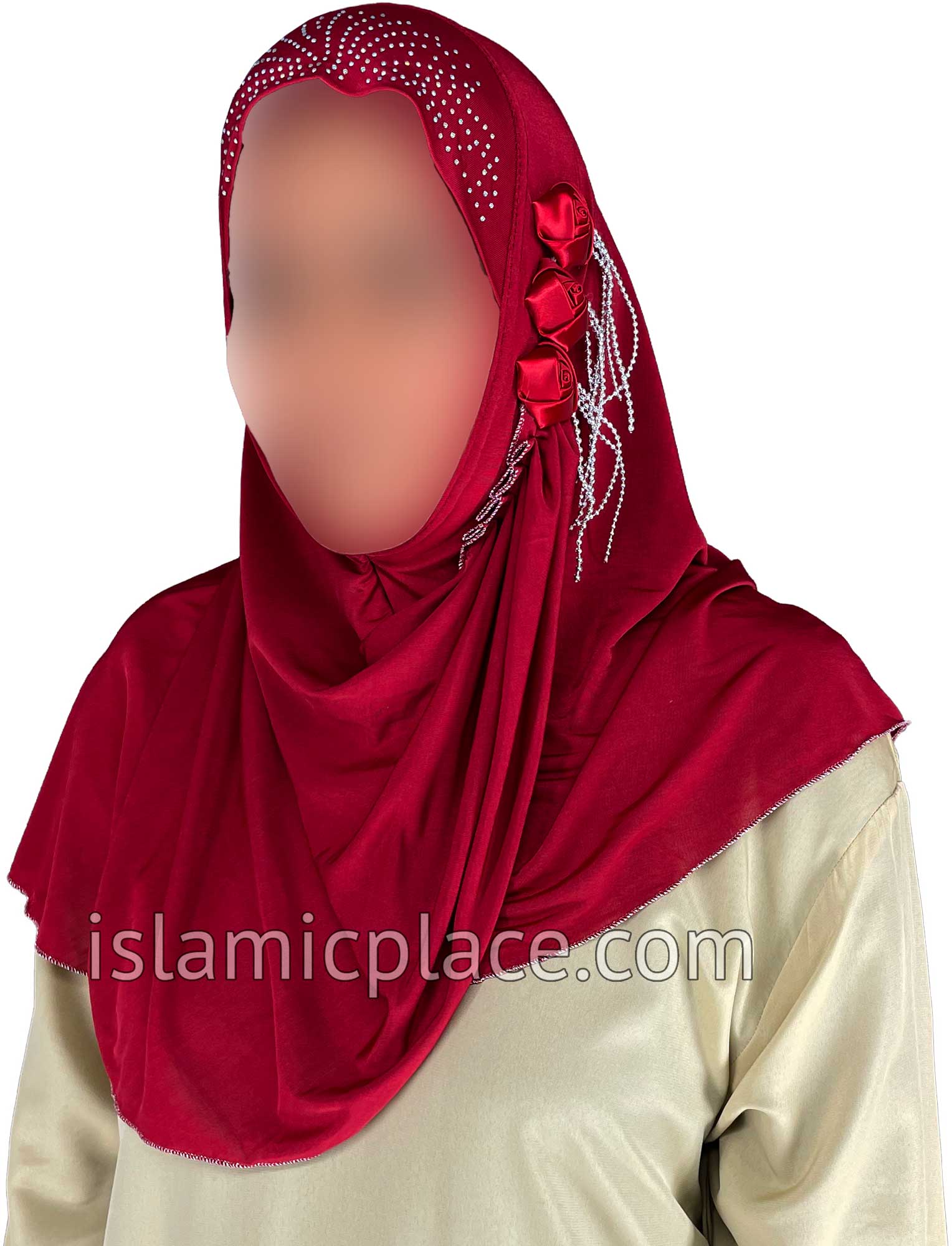 Burgundy - Roses in a Row Teen to Adult (Large) Hijab Al-Amira (1-piece style) - Design 11
