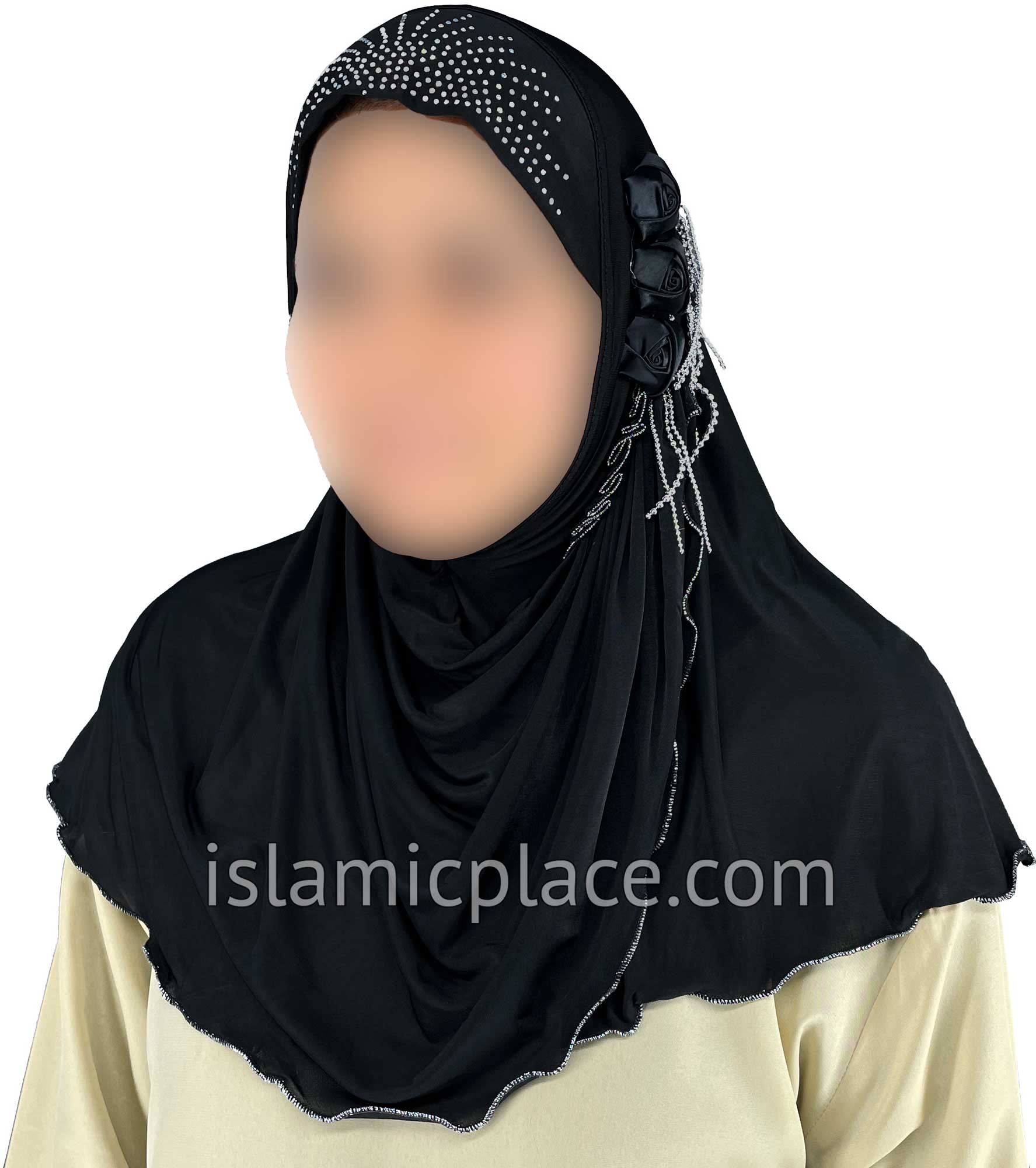 Black - Roses in a Row Teen to Adult (Large) Hijab Al-Amira (1-piece style) - Design 11
